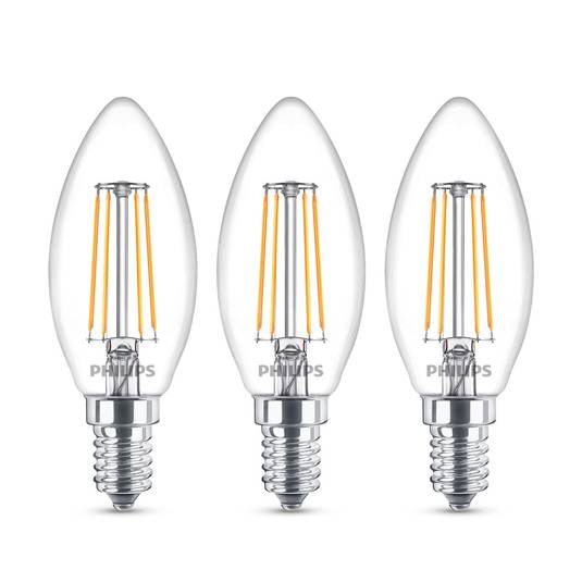Philips bombilla vela LED E14 B35 4,3W claro, 3 ud