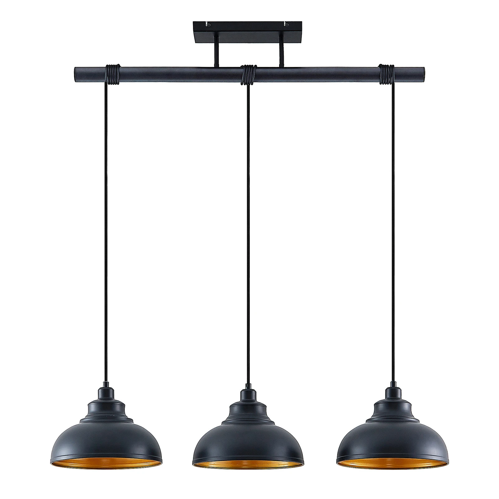 Lámpara colgante Emna de Lindby, 3 luces, negro/dorado, metal, 101 cm