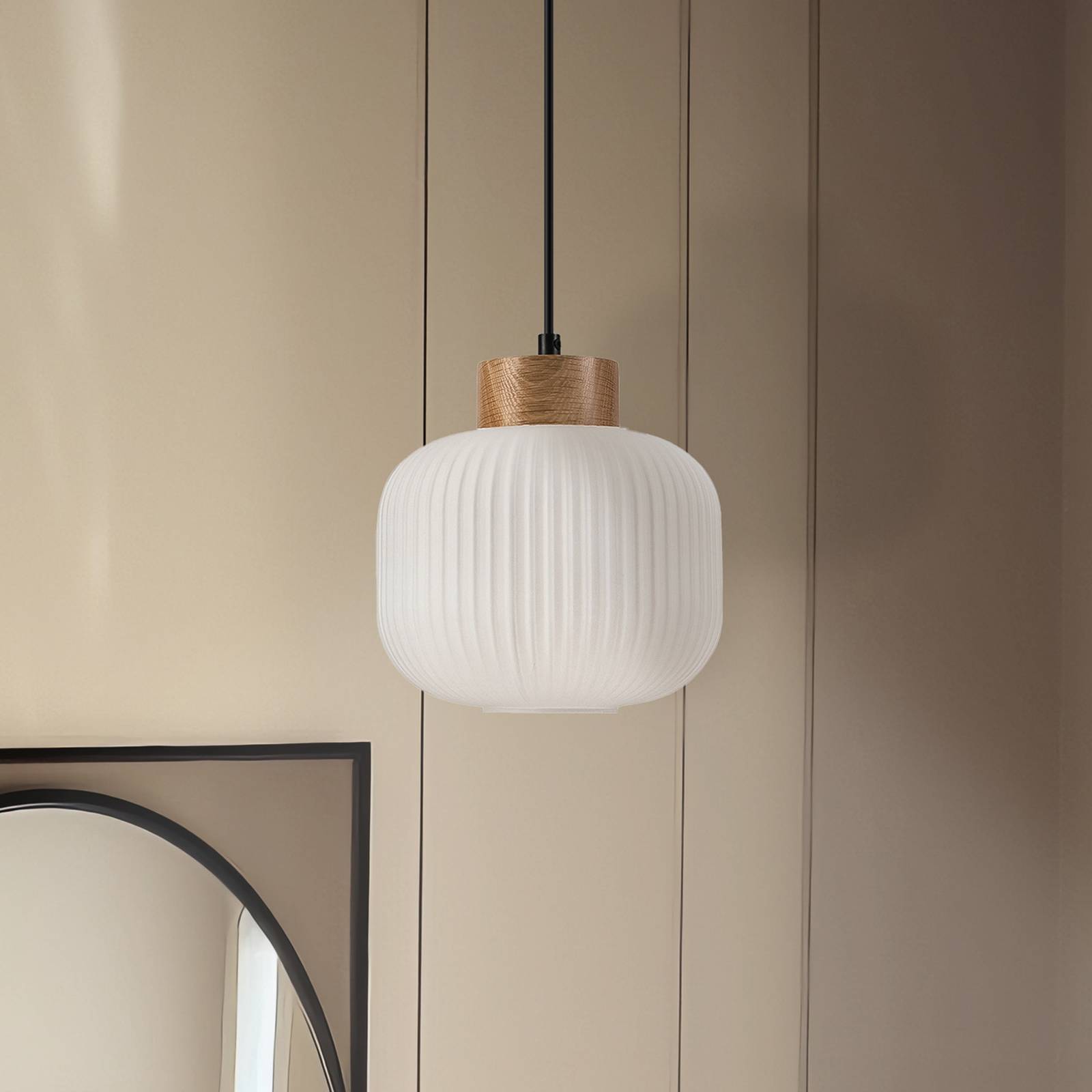 Hängeleuchte Harmony, Ø 20 cm, Opalglas, Eichenholz, E27 günstig online kaufen