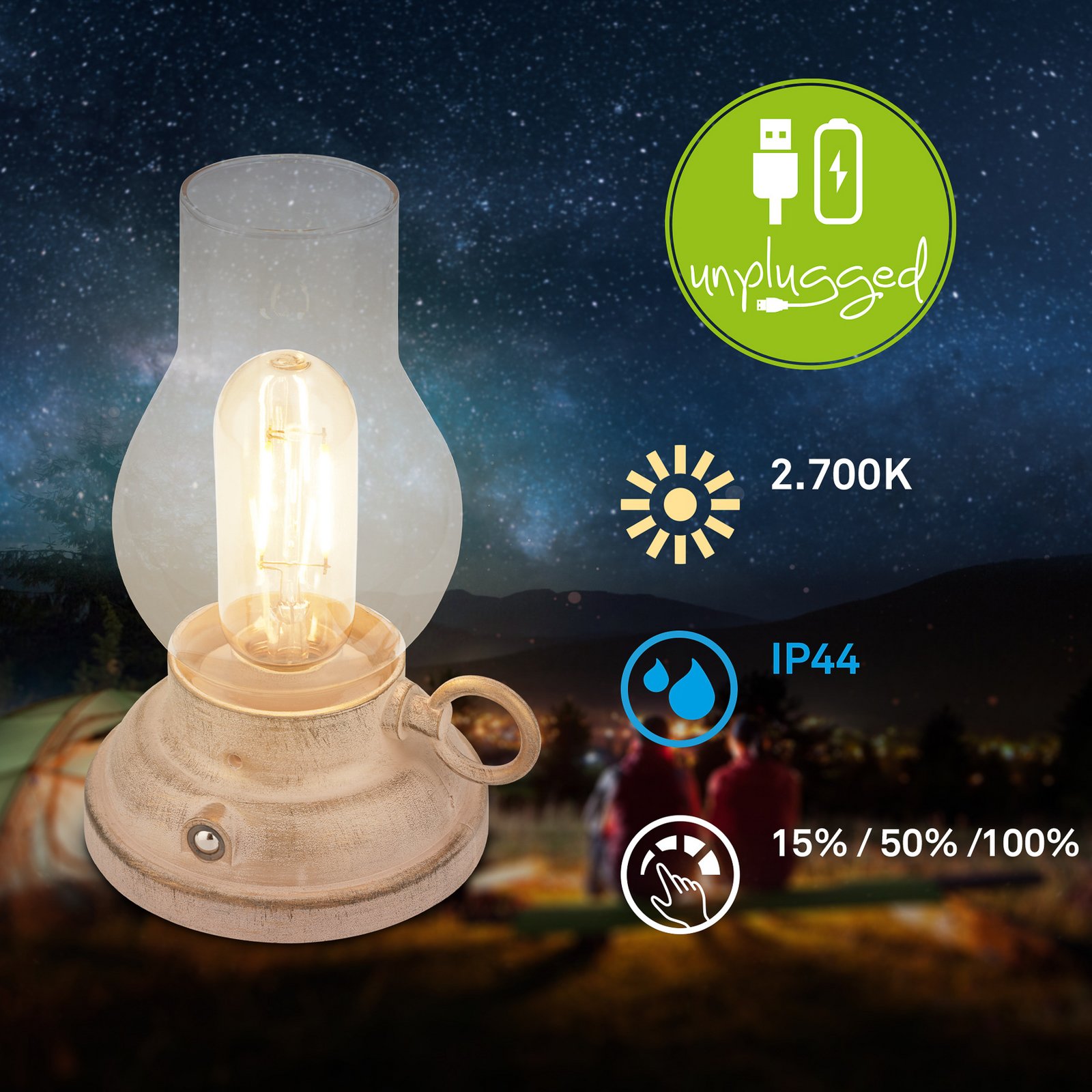 LED-akku-pöytälamppu Brilo unplugged Kanea, beige, korkeus 18 cm