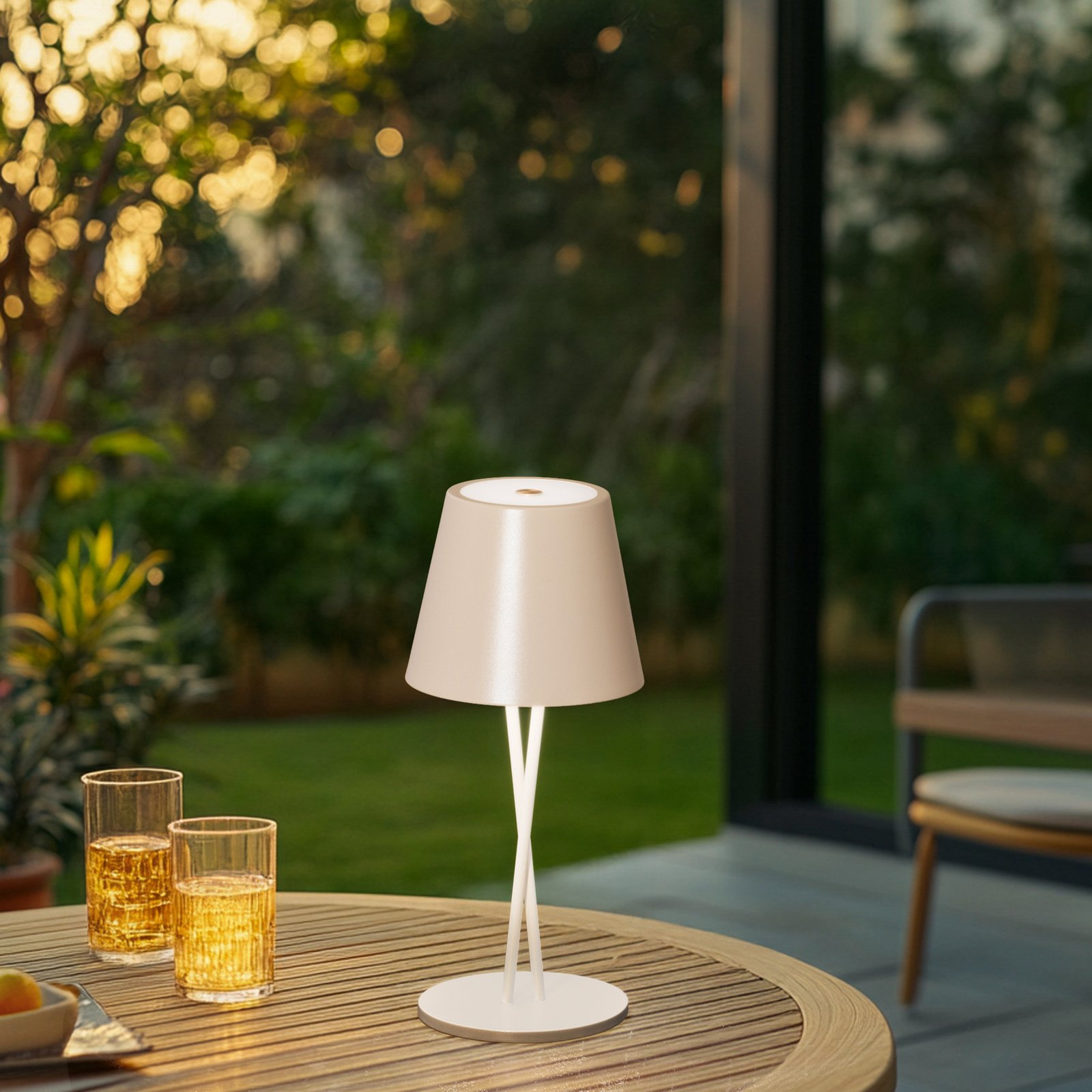 Lindby LED dobíjacia stolová lampa Janea, CROSS, béžová, kov