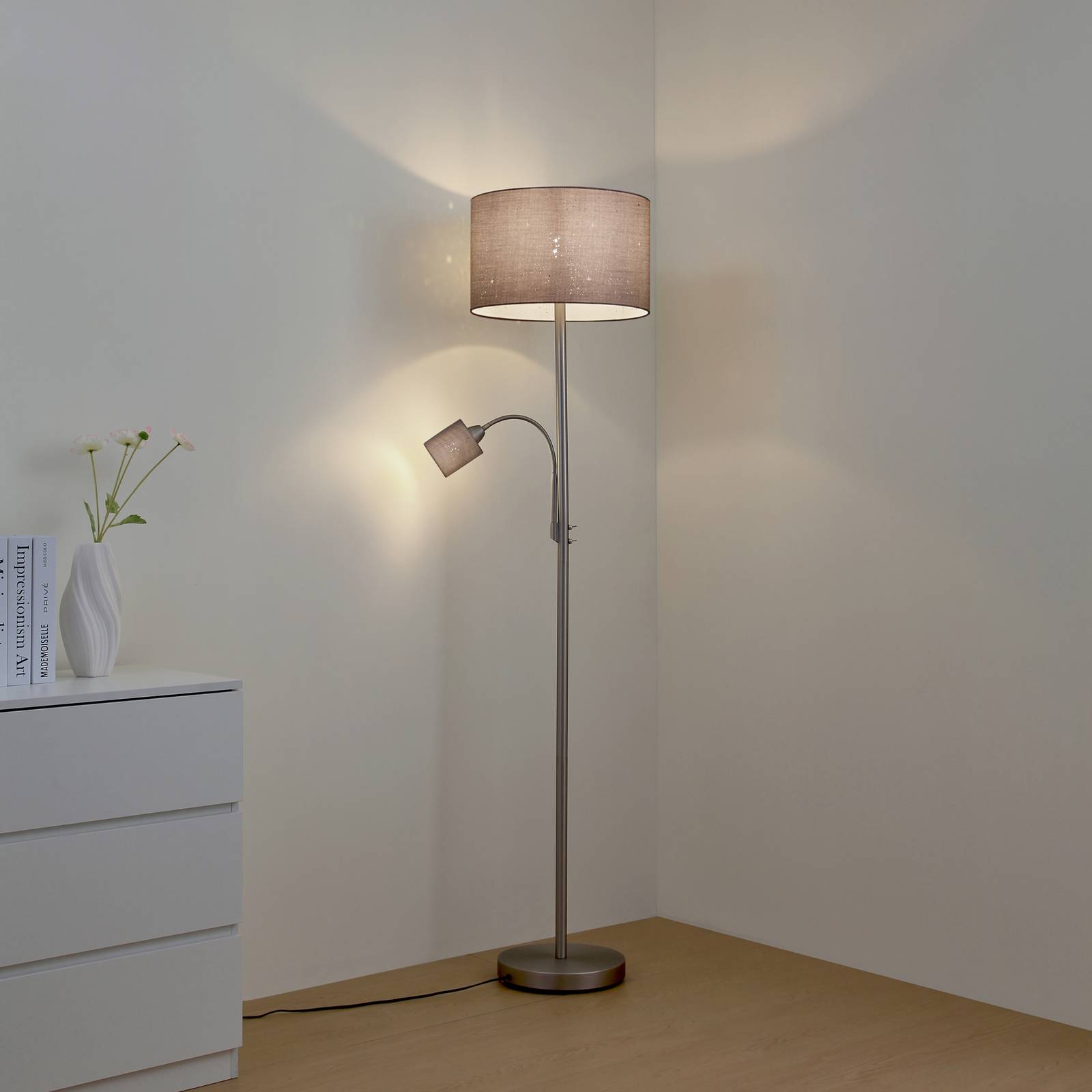 Lampa stojąca Lindby Jaileen, szary, tekstylna, 170 cm, lampka do czytania