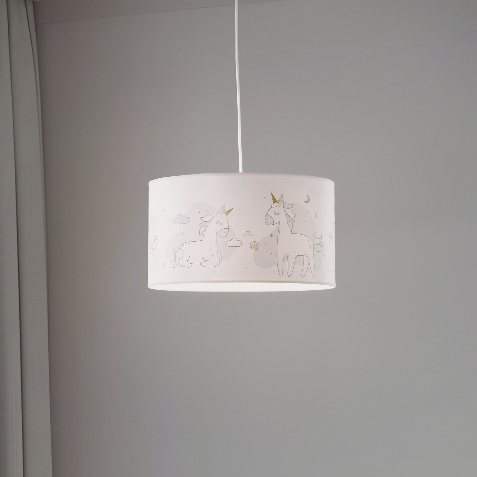 Suspension Mila, Ø 35 cm, blanc, tissu, licornes, E27