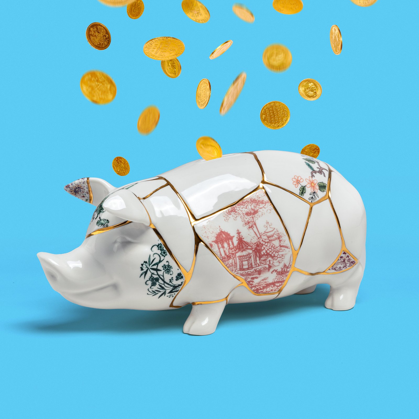 SELETTI Sparschwein Kintsugi, weiß / bunt, Porzellan, Gold