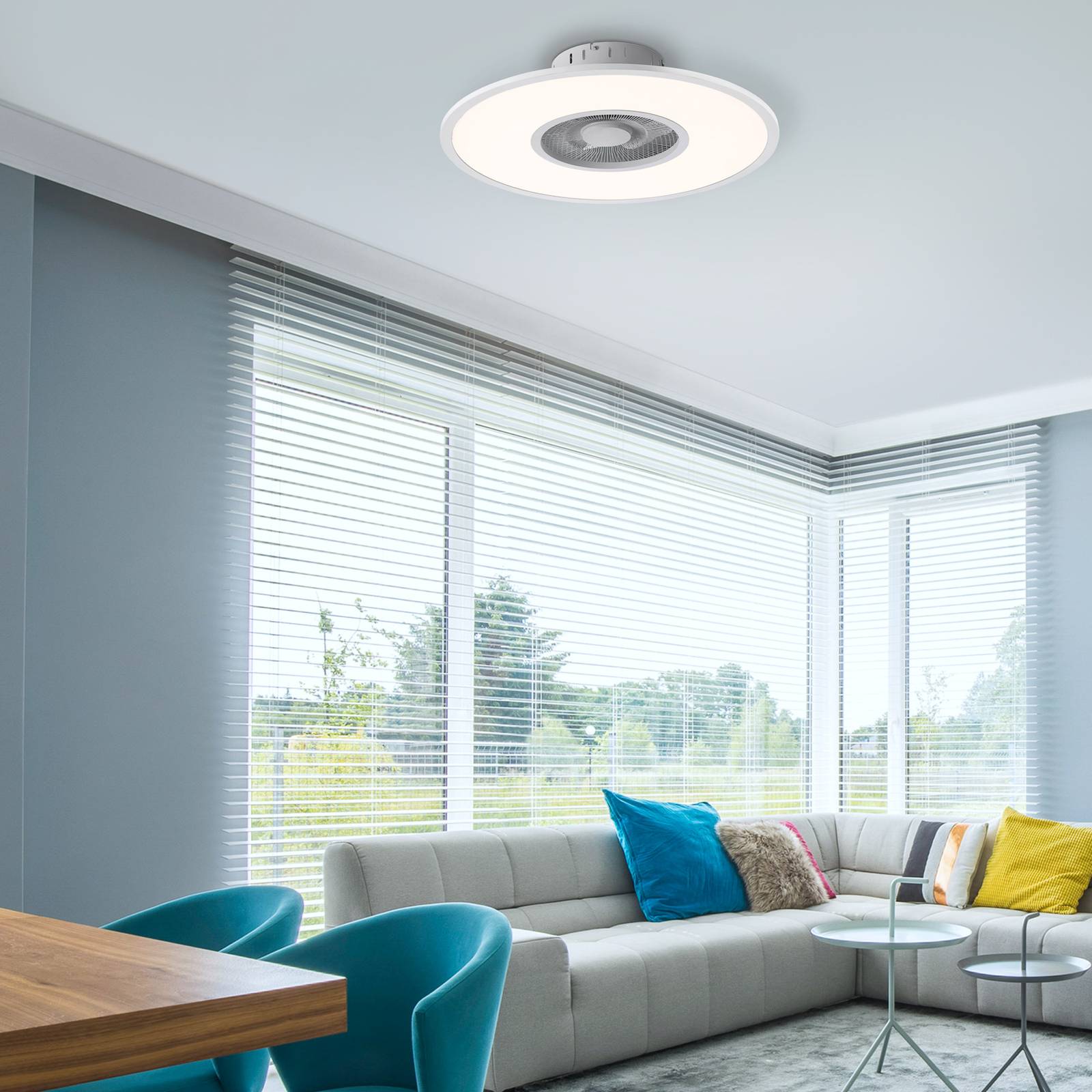 Leuchten Direkt LED plafondventilator Flat-Air, CCT, wit, Ø 59,5cm