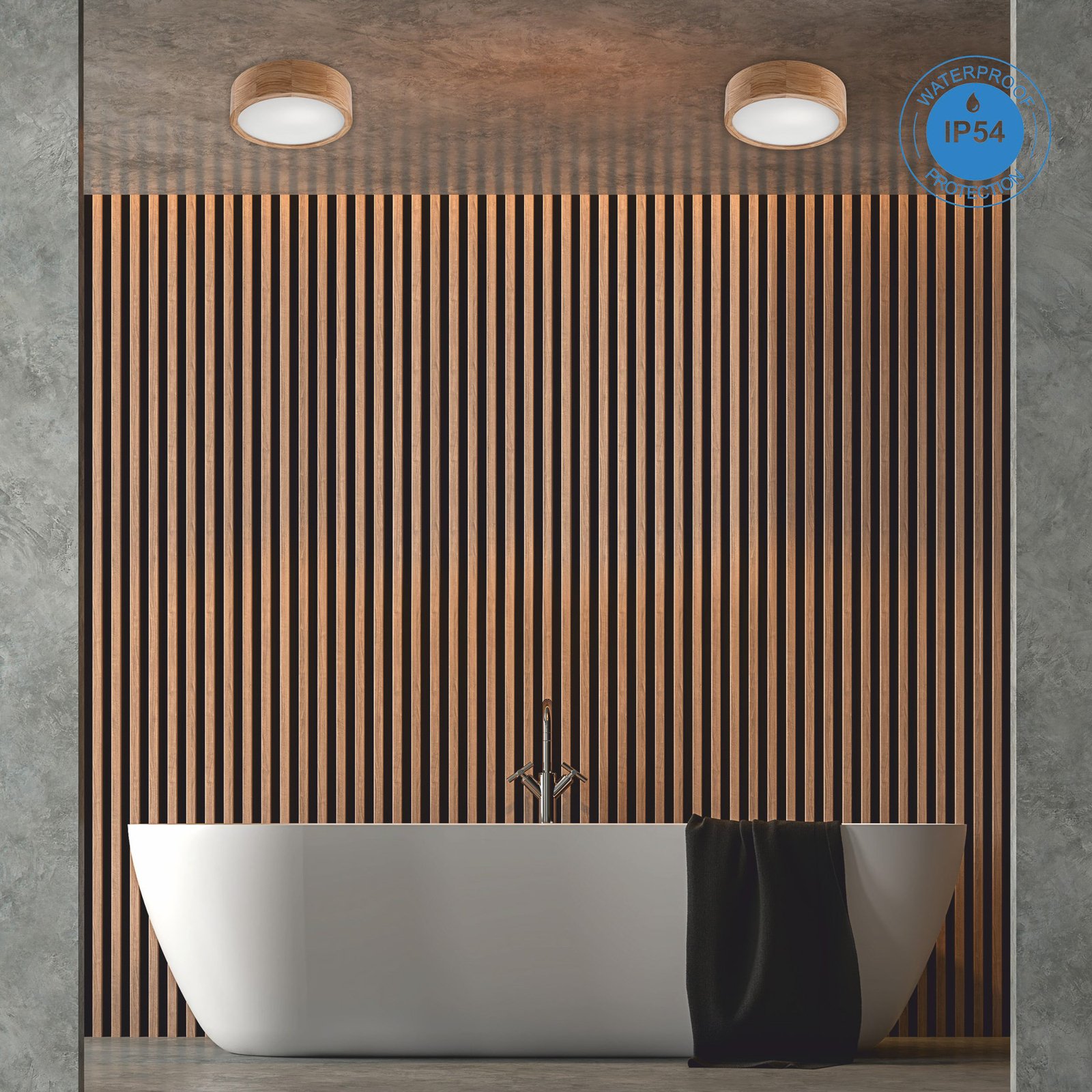 Envostar Caspian ceiling light, Ø 27 cm, IP54, oak