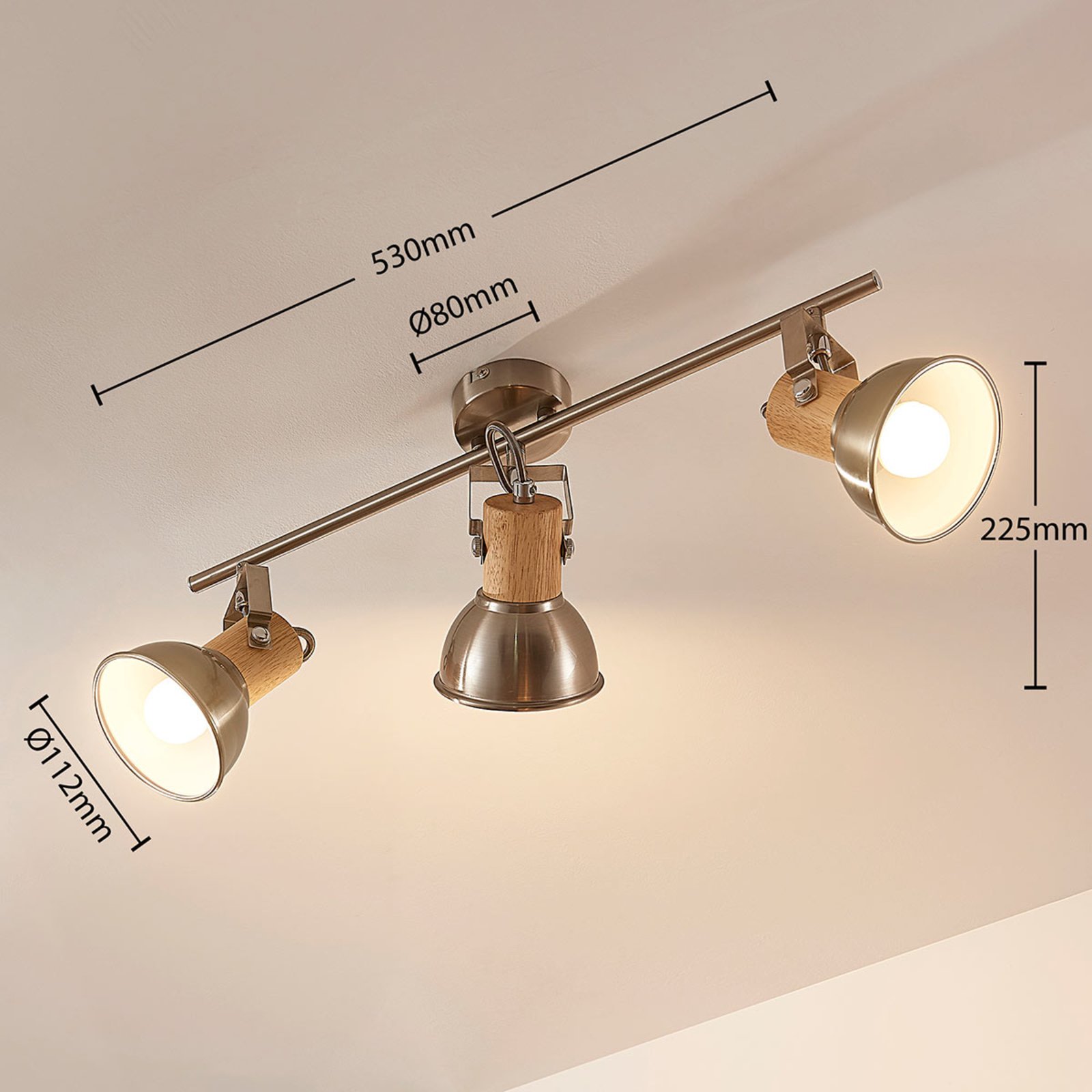 Dennis ceiling light with wood, 3-bulb, long