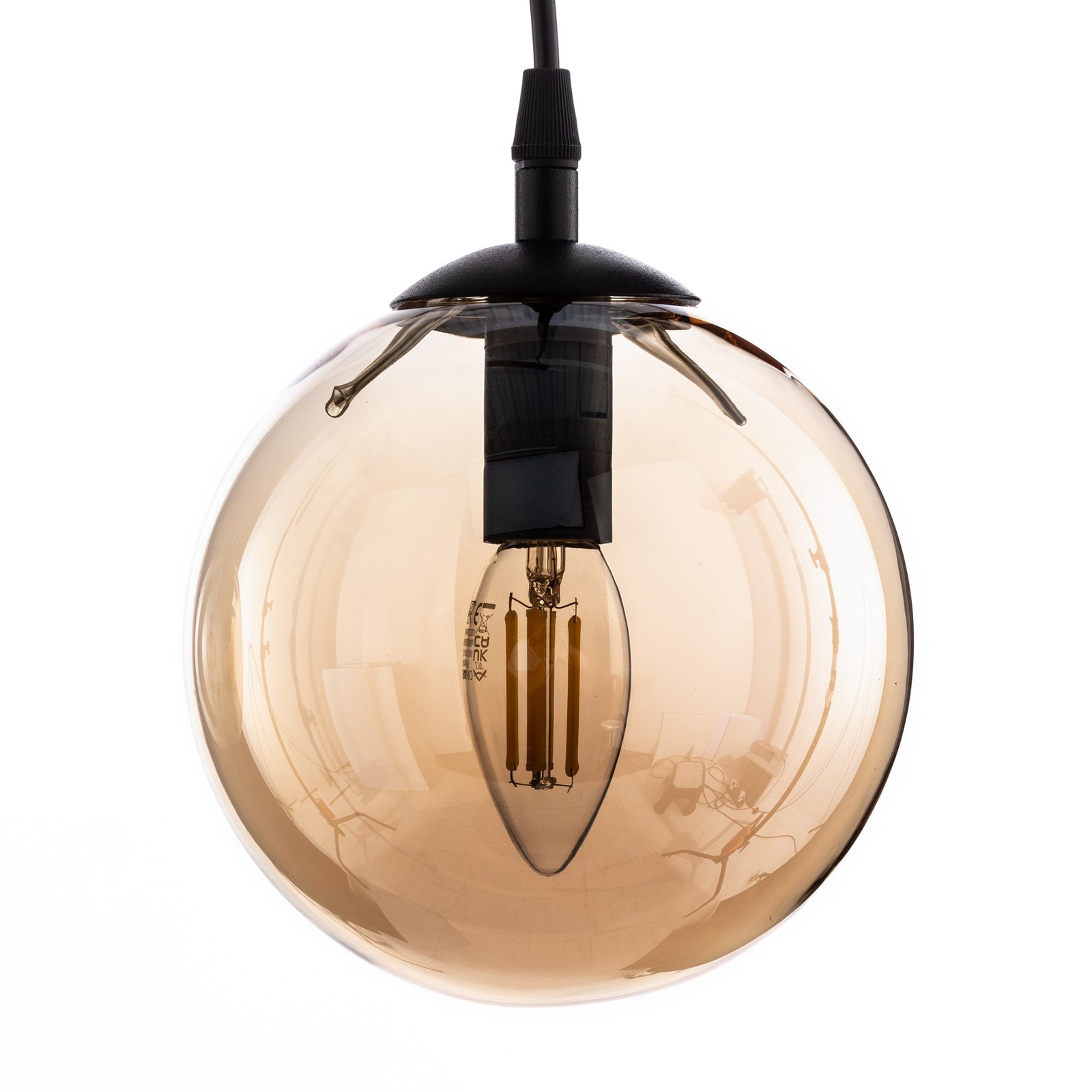 Glassy pendant light, 3-bulb, straight, black, amber, glass