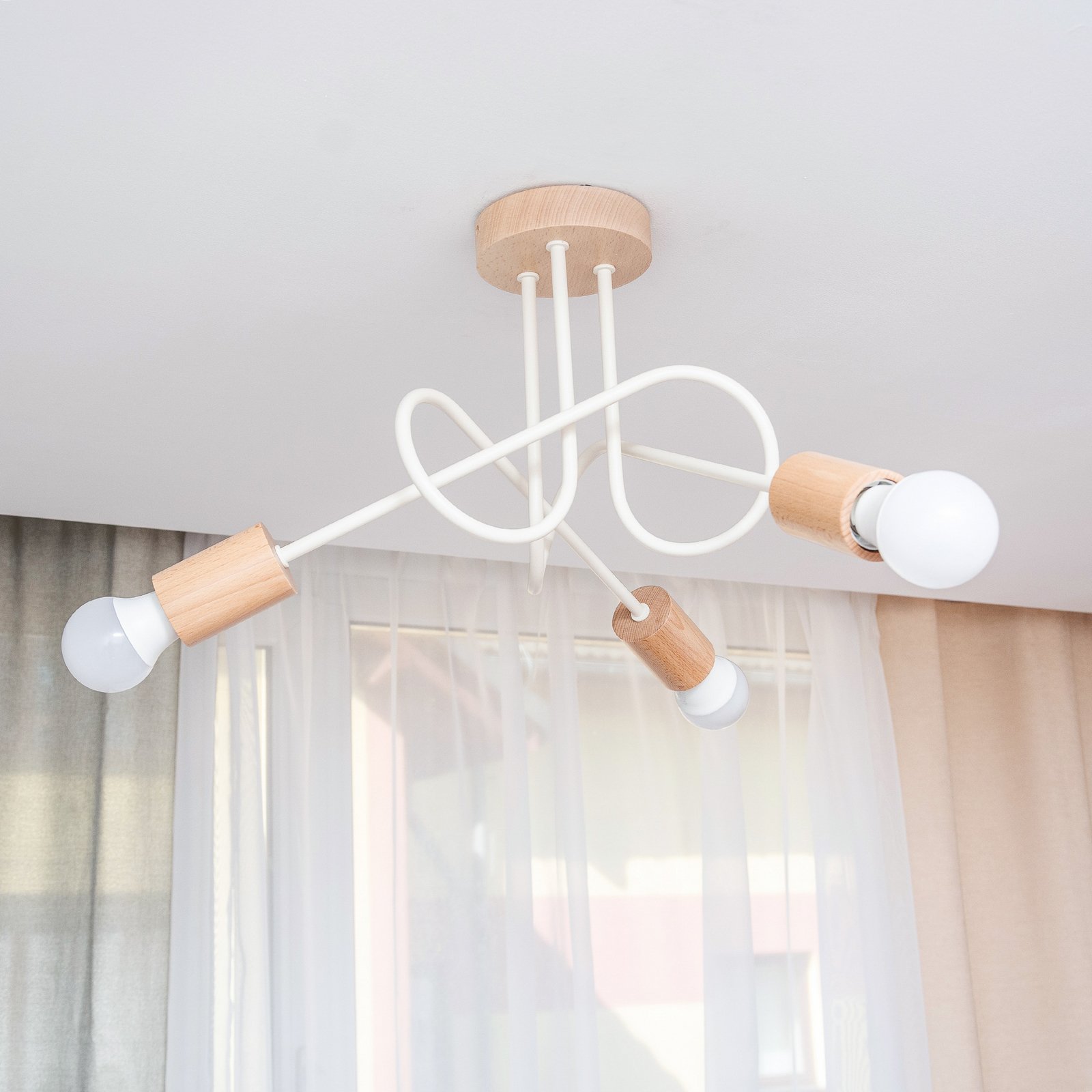 Plafonnier Oxford, beige sable, bois, métal, à 3 lampes, Ø 44 cm