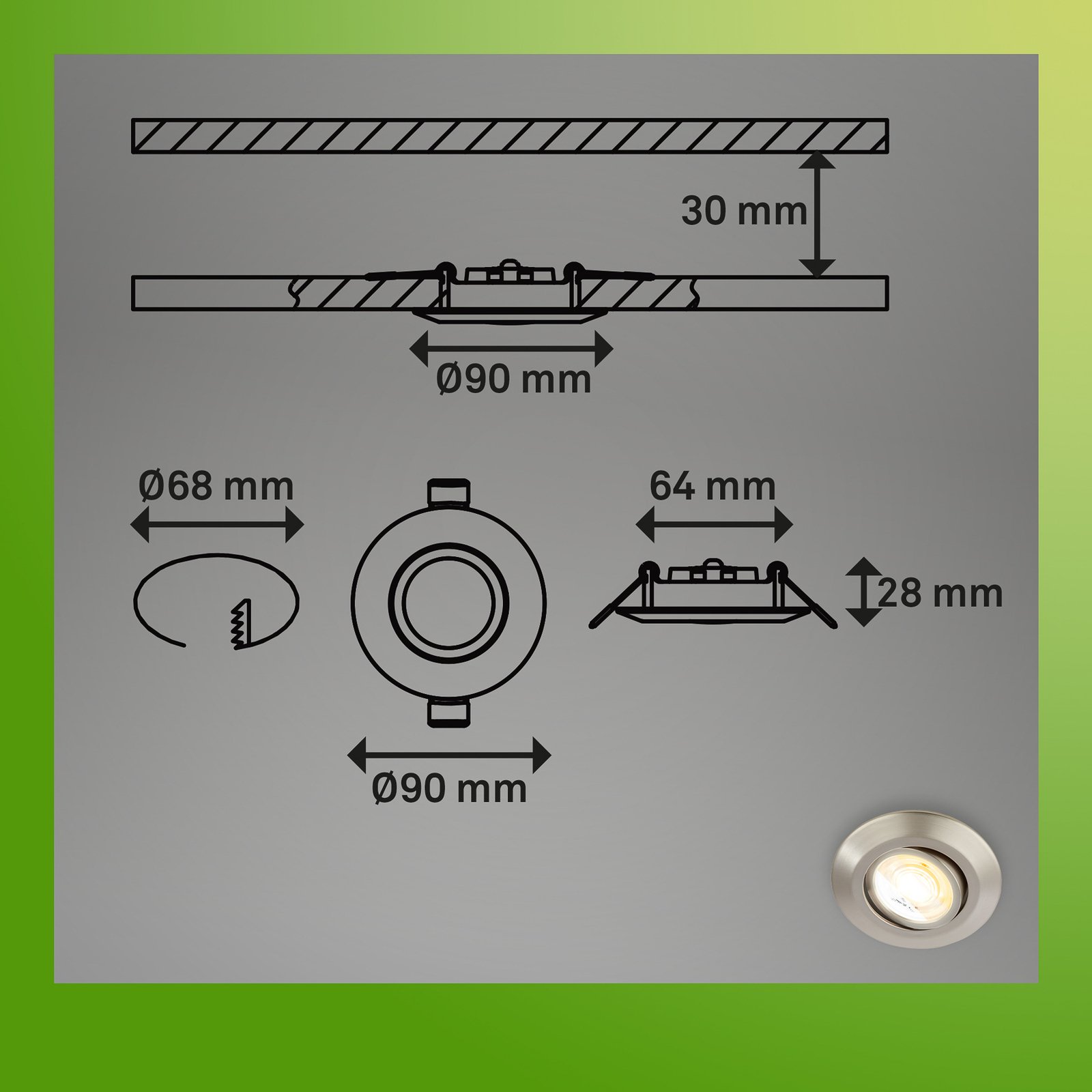 Klira LED-es süllyesztett lámpa, nikkel, forgatható, fényerőszabályzó, 3 db