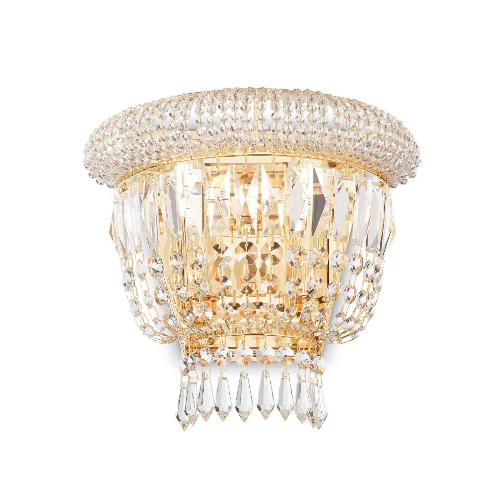 IDEAL LUX stenska svetilka Dubai, medenina/prozorno, širina 25 cm, kristal