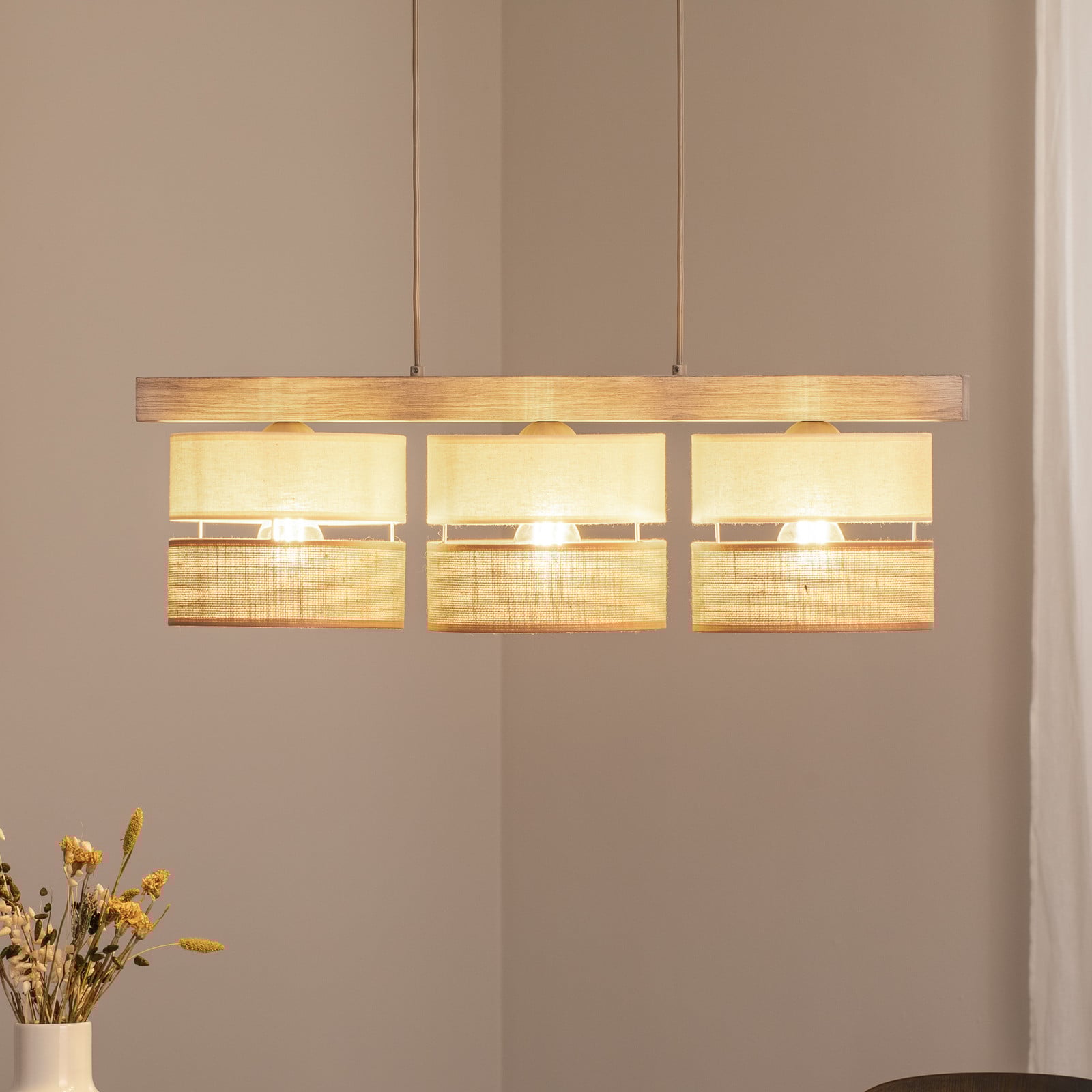 Duolla Lampă suspendată Treeon 3 becuri lemn iută culoare naturală/ecru - Camera de zi / sufragerie - natur ecru maro deschis