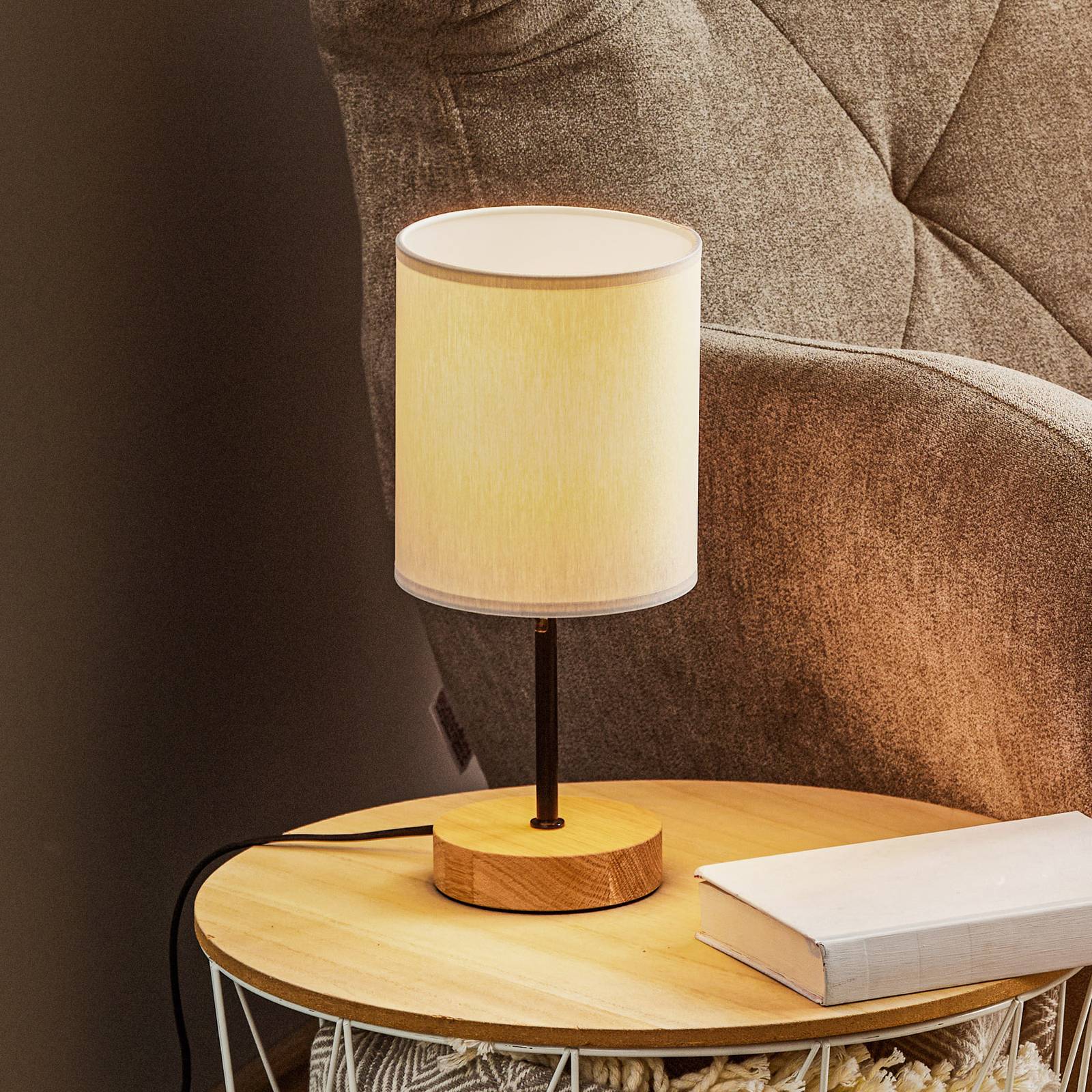 BRITOP Lampe à poser Corralee bois abat-jour tissu gris