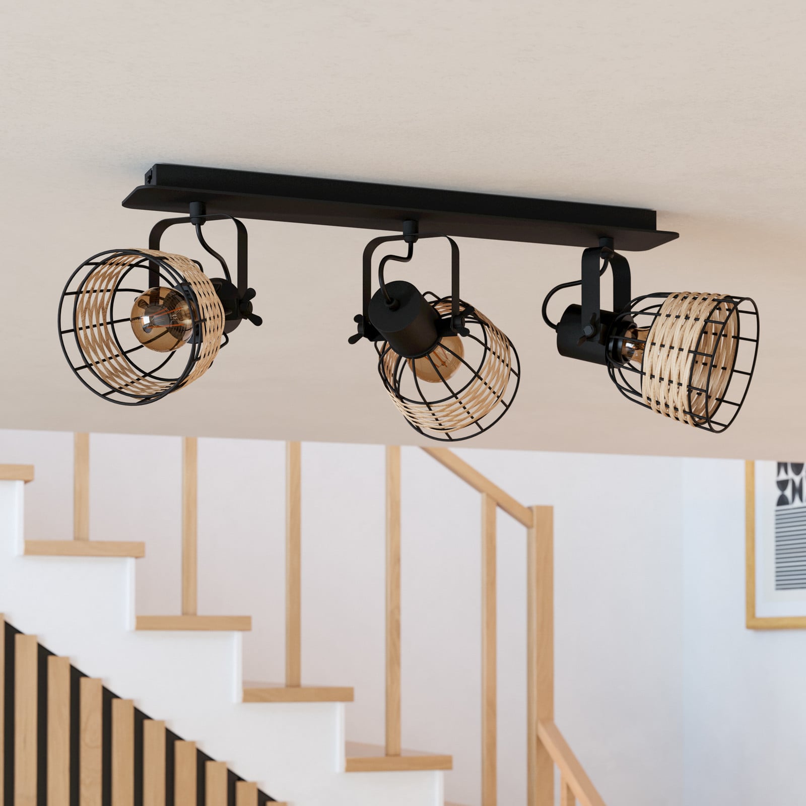 Projetor de teto Anwick 1 com decoração em rotim, três chamas