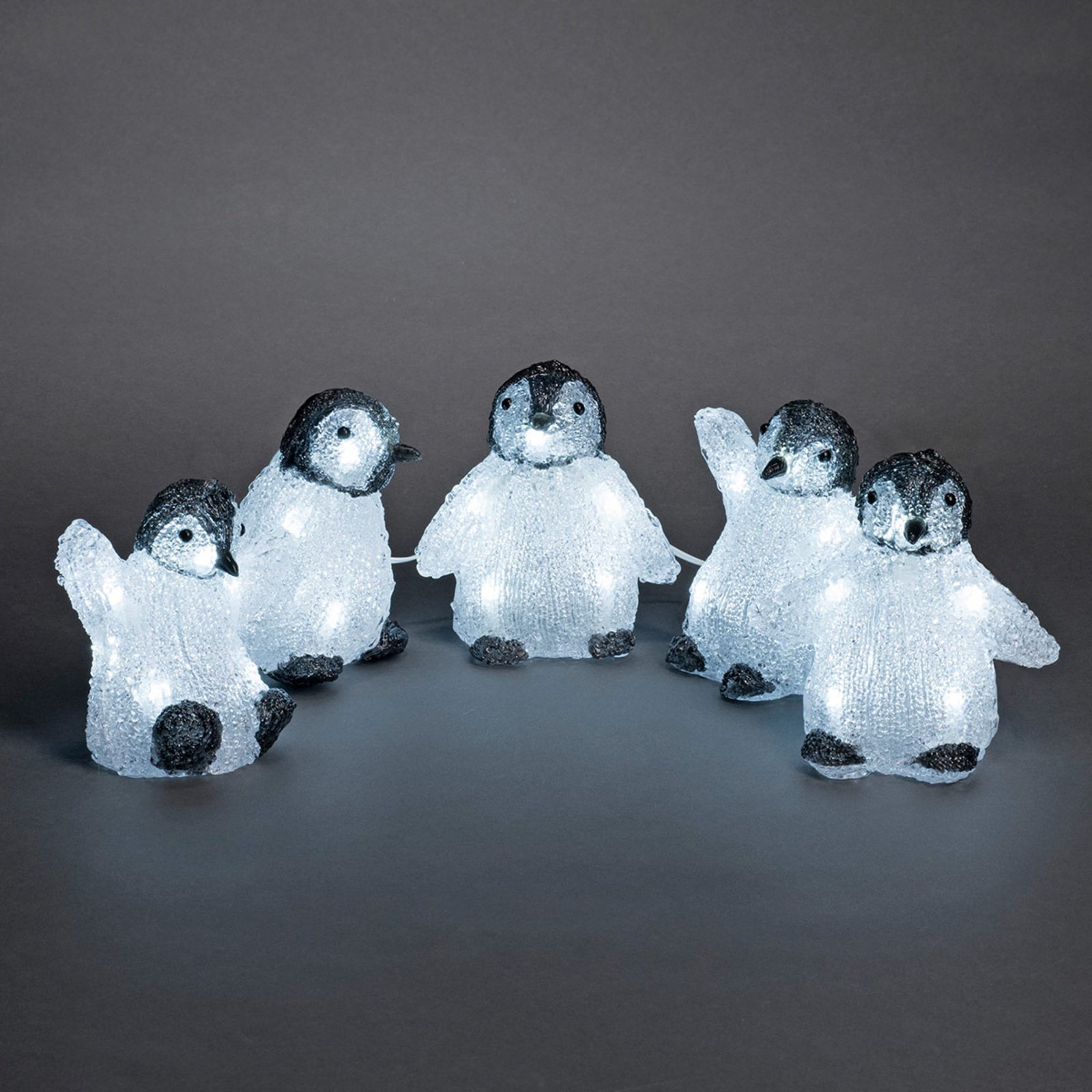 Uppsättning med fem LED-ljusfigurer i akryl - pingvinungar
