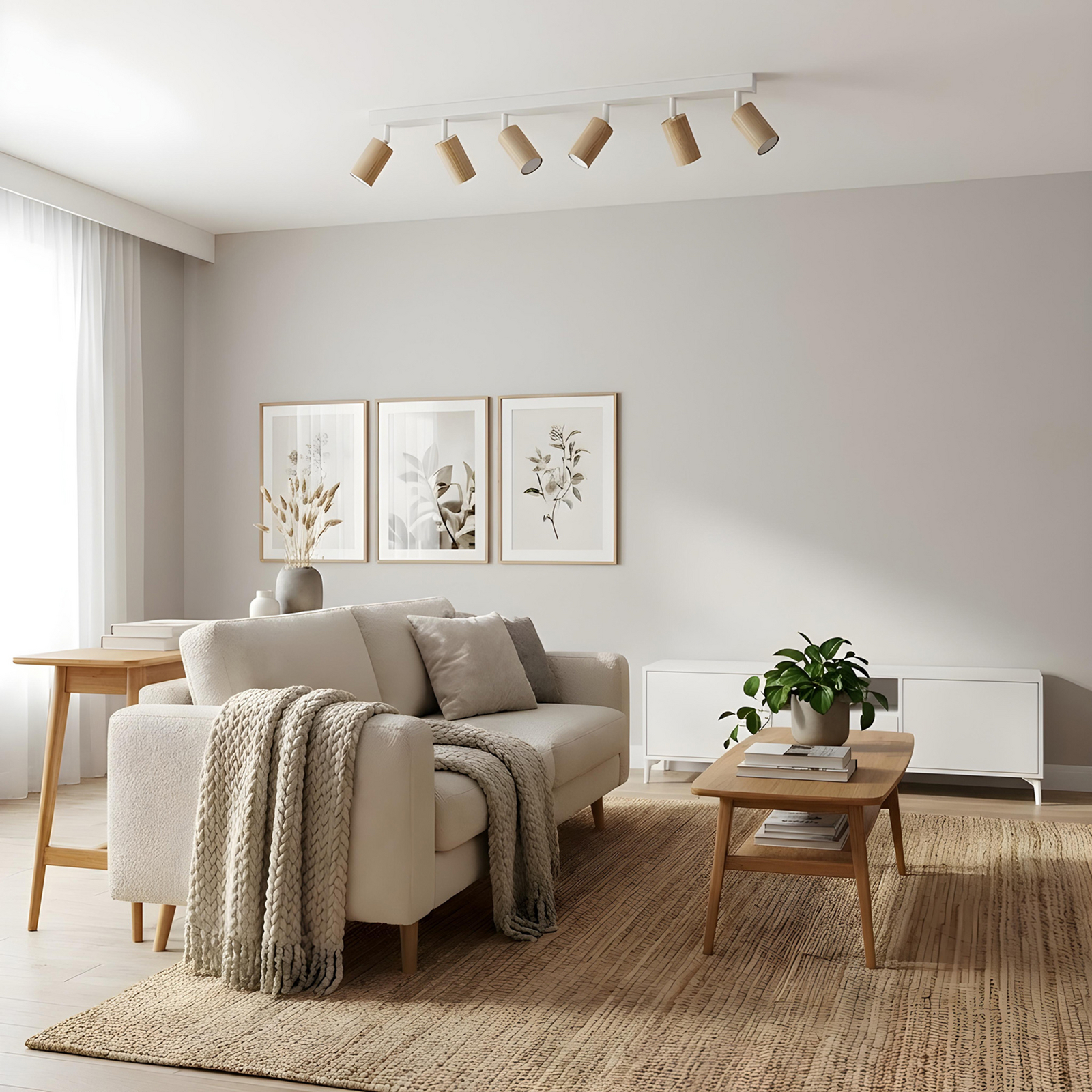 Nisse ceiling spotlight, white, length 90 cm, 5-bulb, wood/metal Nisse ceiling spotlight, white, length 90 cm, 5-bulb, wood/metal