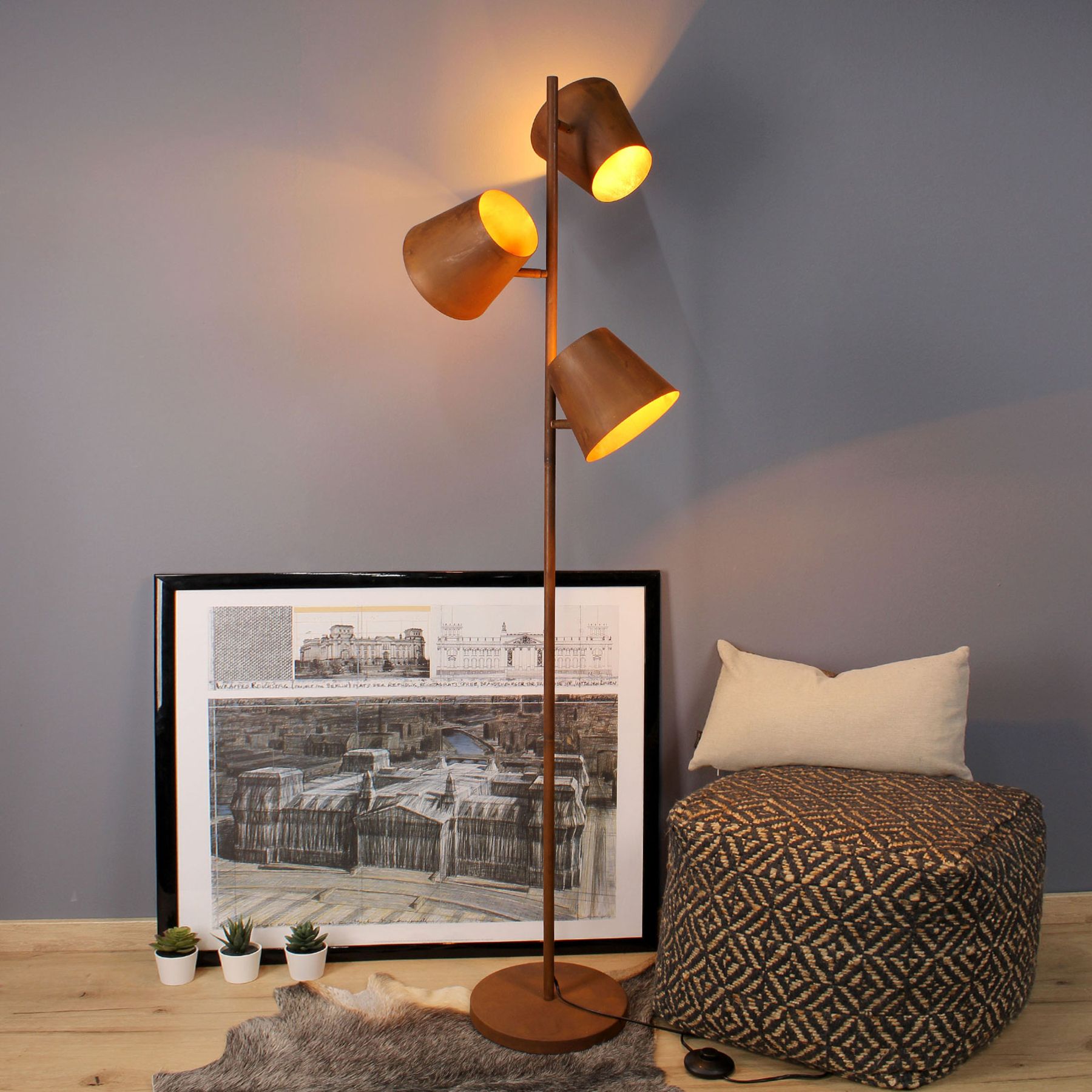 Eco-Light Colt floor lamp, 3-bulb, patina, for Living / Dining Room, metal, E27, 60 W, energy efficiency: A++, H: 165 cm
