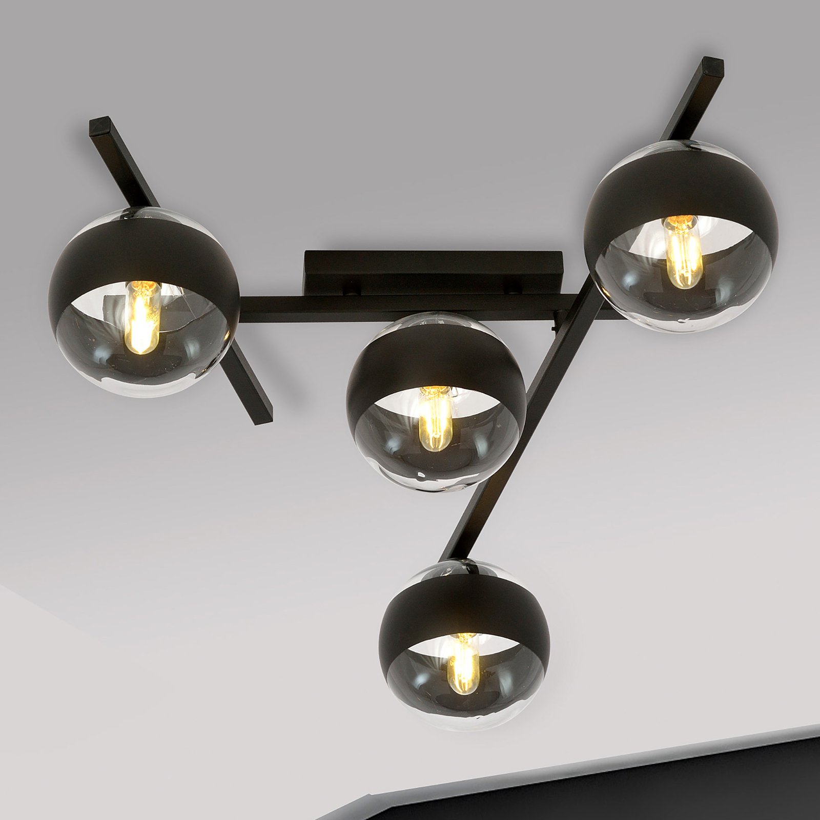 Plafonnier Smart, noir/transparent, à 4 lampes
