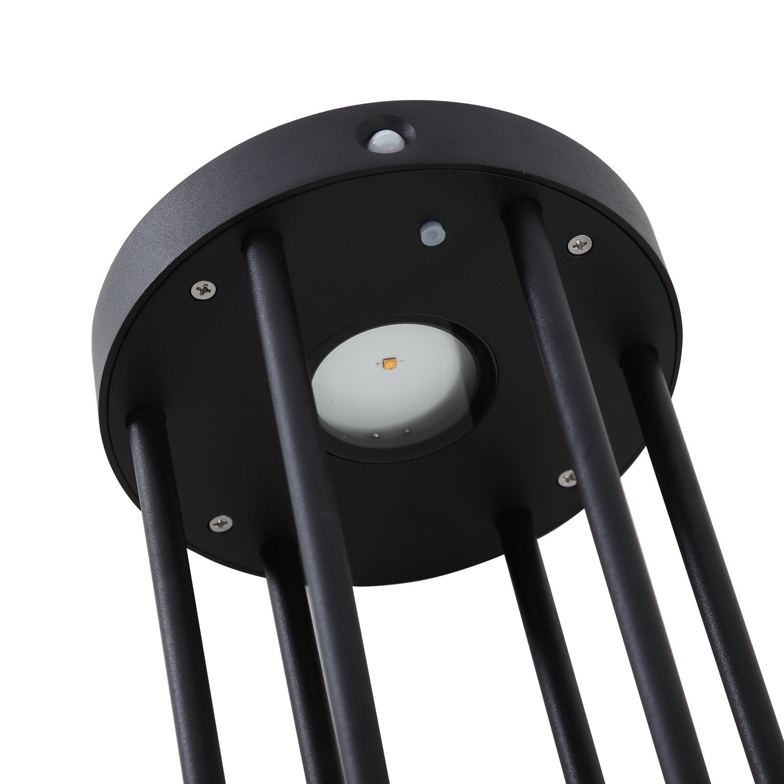Lucande, borne lumineuse LED solaire Evelis, noire, aluminium, détecteur