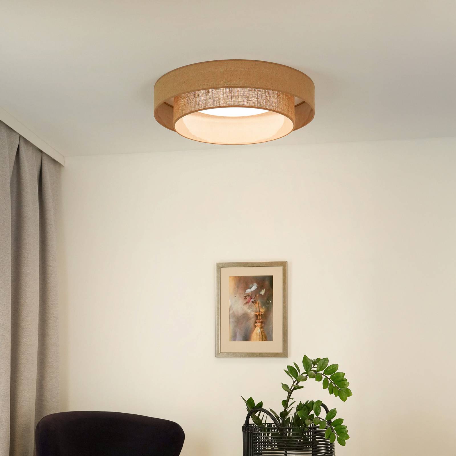 Lampa sufitowa LED Luneta, juta, brązowa, Ø 60 cm, ściemniana 3-stopniowo