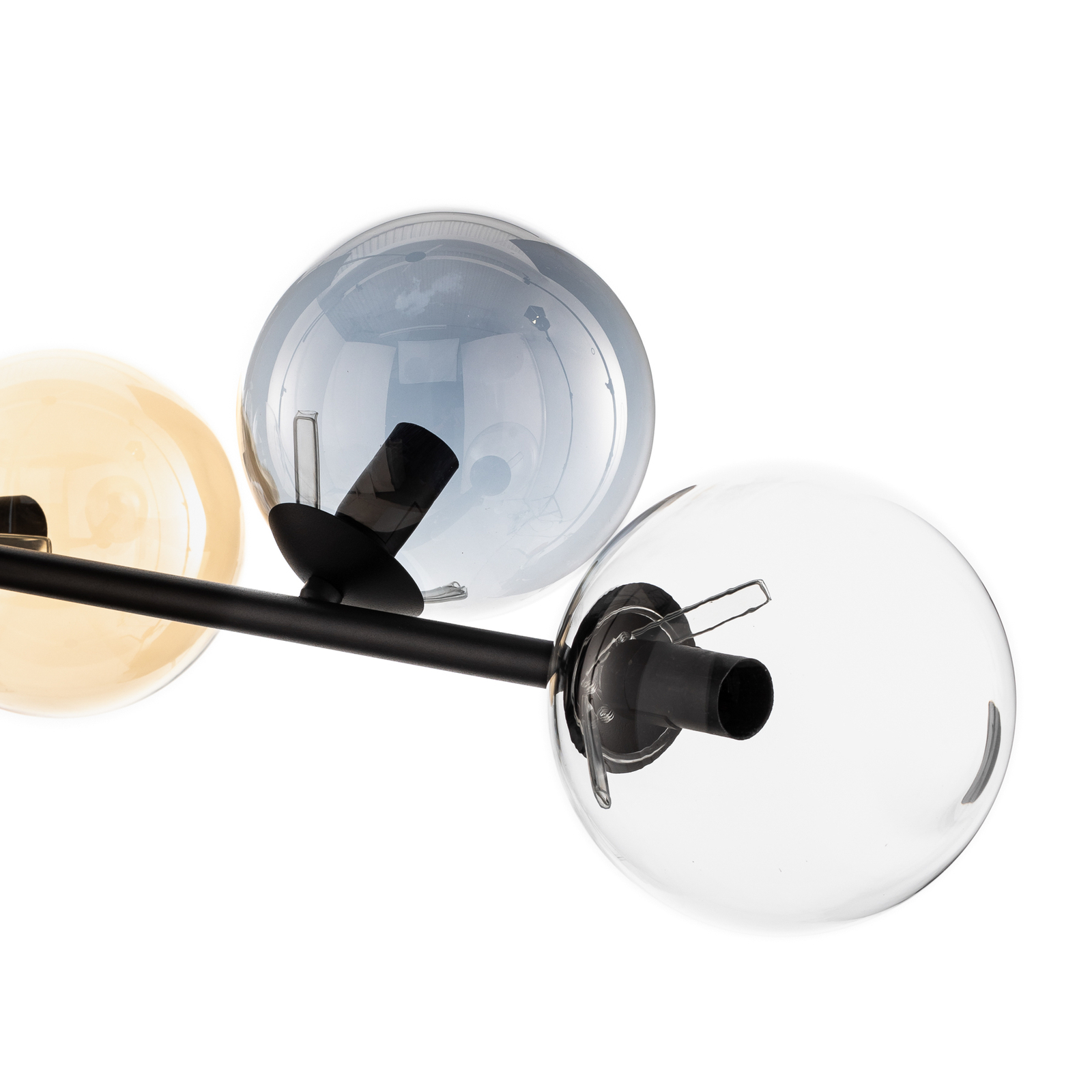 Glassy pendant light, 6-bulb, graphite/amber/clear, glass, 110 cm