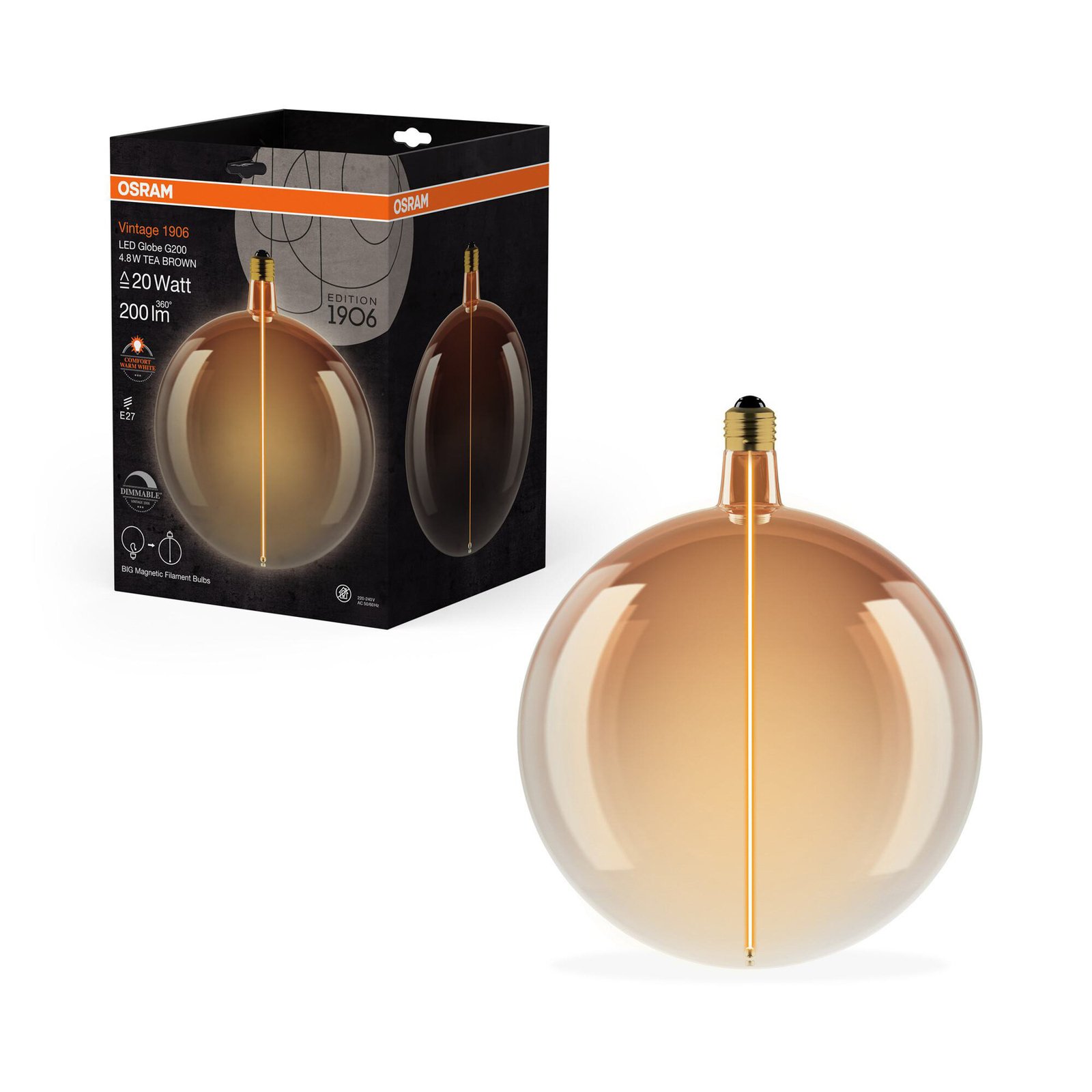 OSRAM LED Vintage Big Globe E27 4,8W 818 Filamento castanho regulável