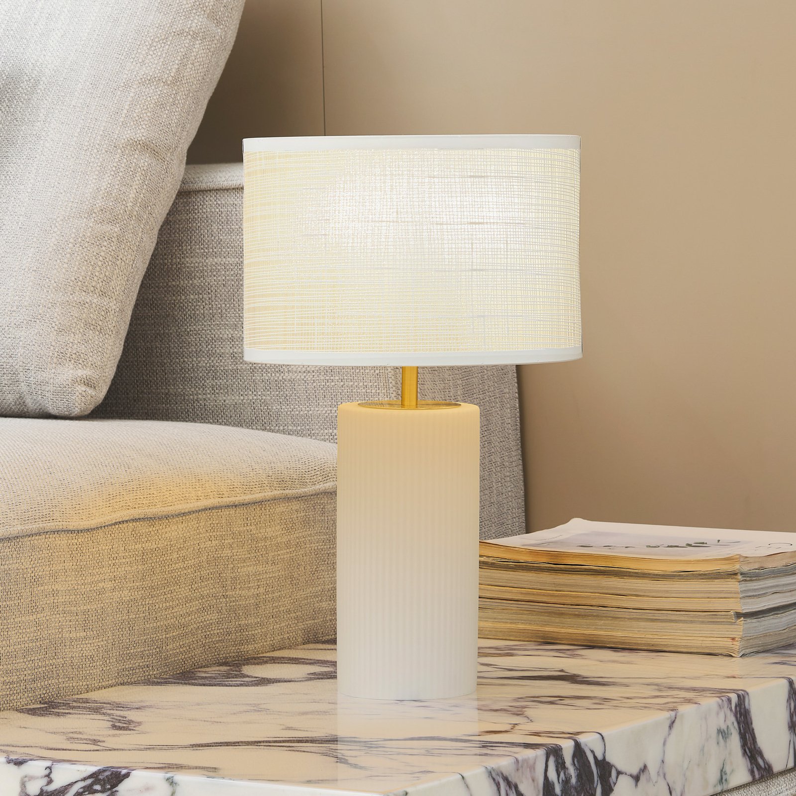 Lindby Sorscha table lamp, white, iron, Ø 26 cm