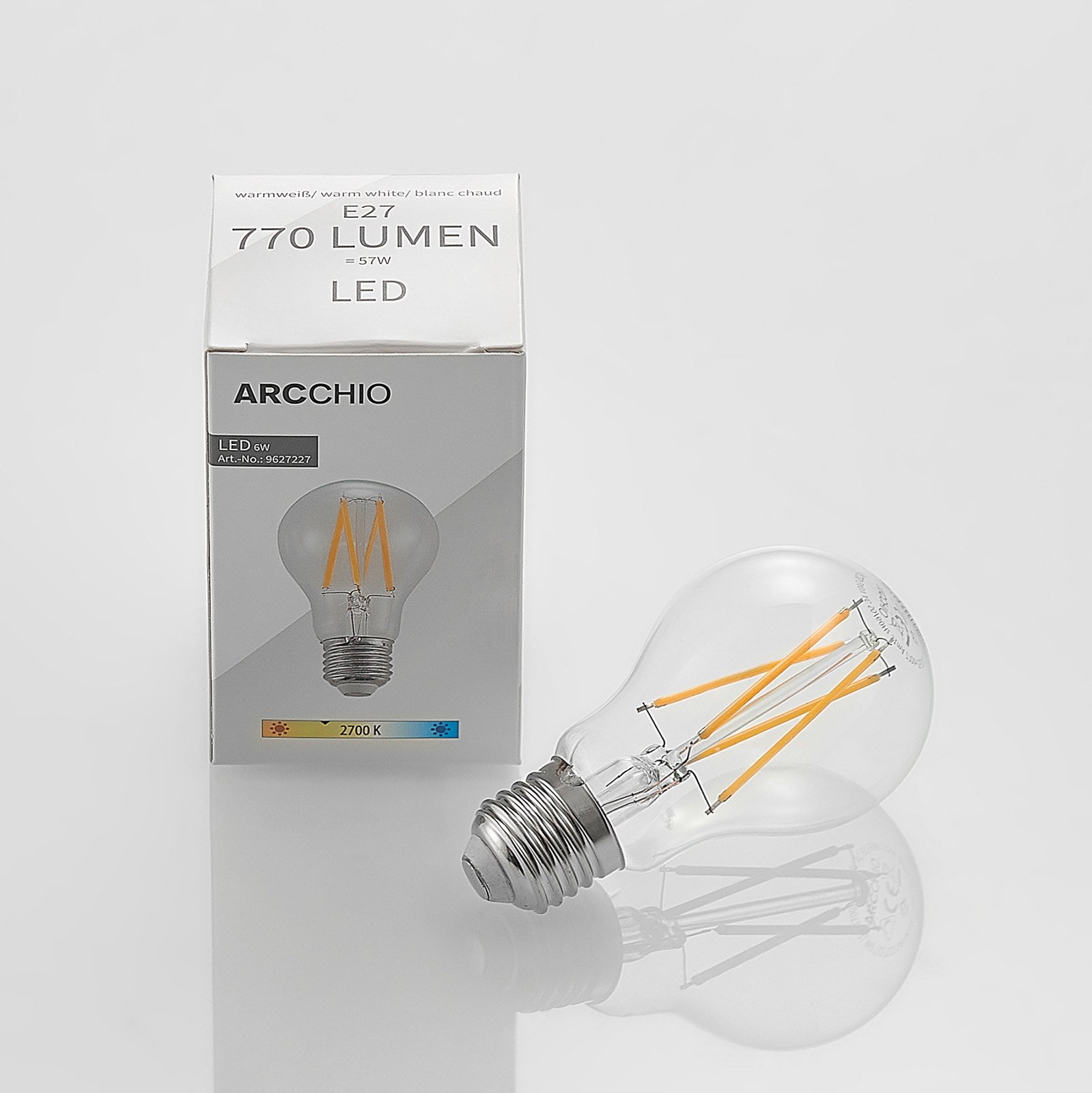 LED bulb E27 6W 2,700K filament, dimmable clear 3x