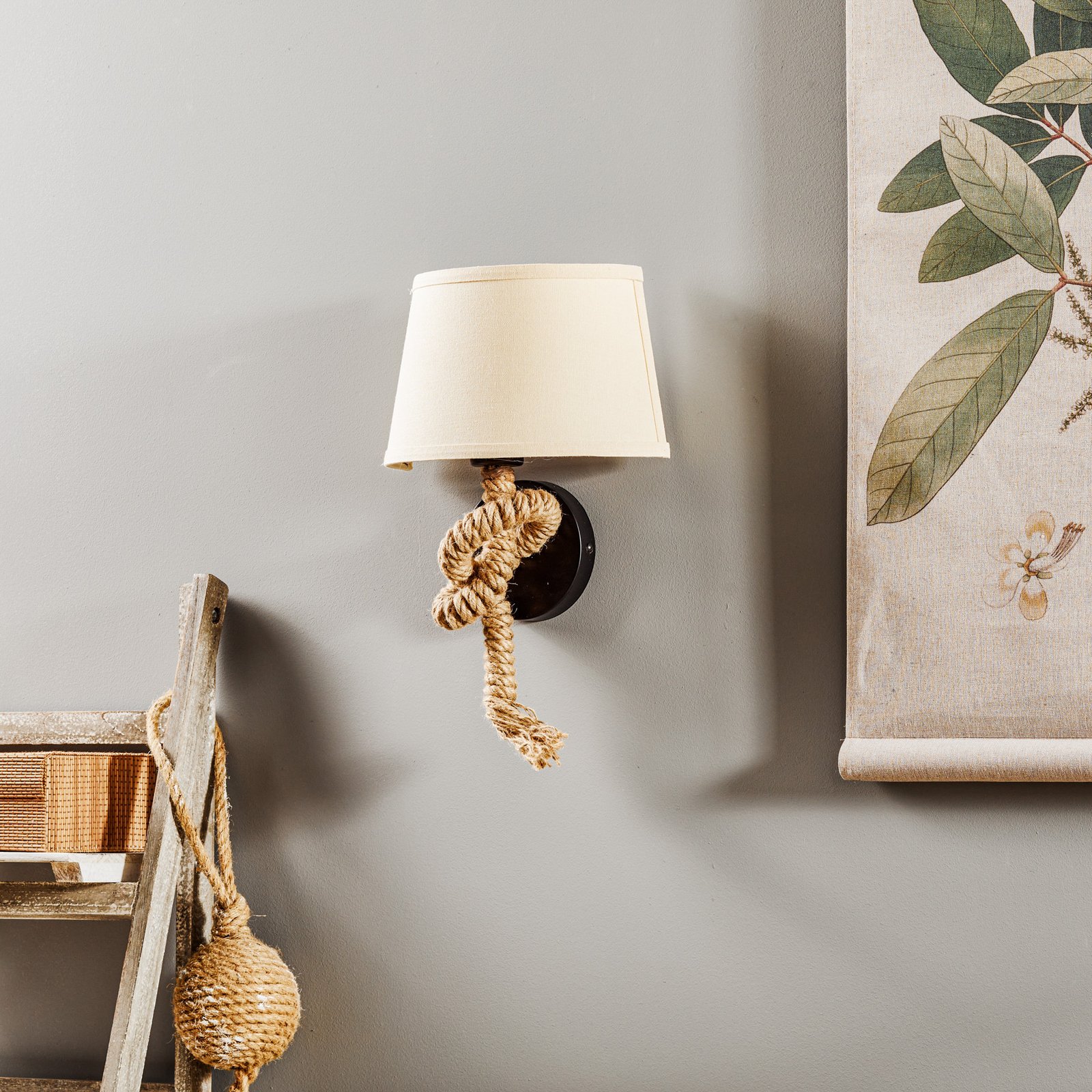 Corda wall lamp with textile shade and rope decoration
