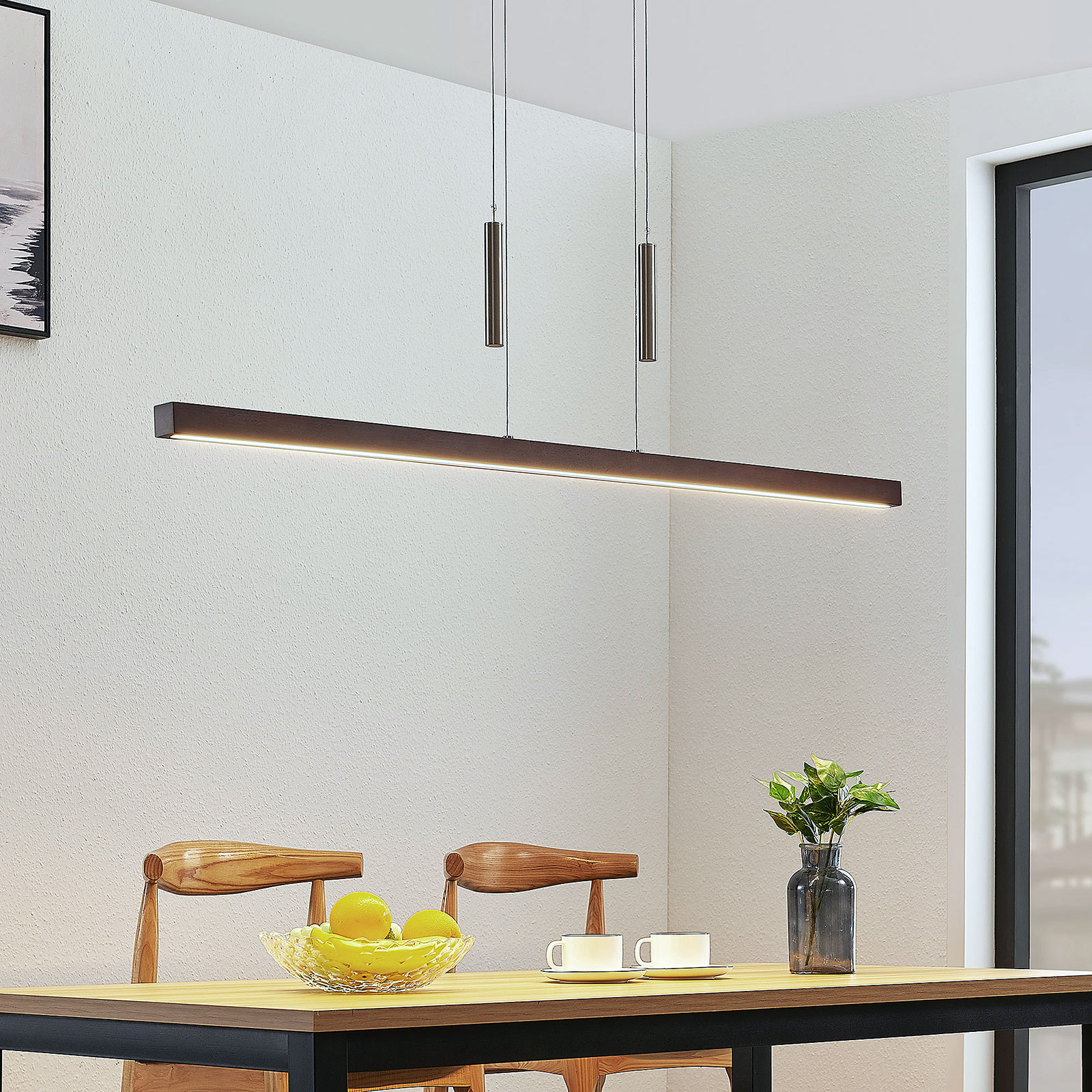 Lucande Tamlin LED wooden linear pendant lamp, dark brown, for Living / Dining Room, wood, metal, 30 W, energy efficiency: A+, L: 140 cm, W: 4 cm, H: 4 cm