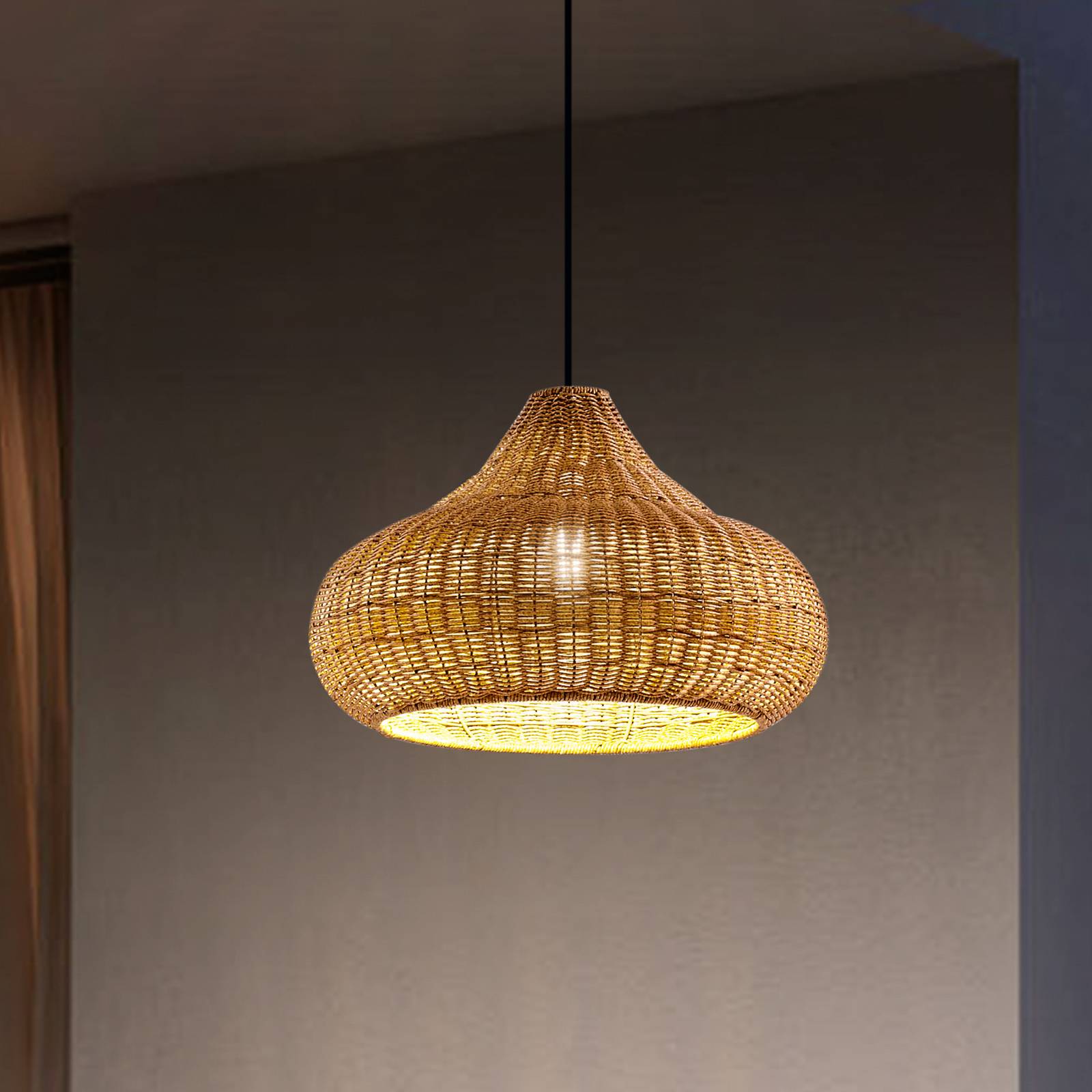 Zewnętrzna lampa wisząca Lucande Taniola, 1-punktowa, beżowa, rattanowa