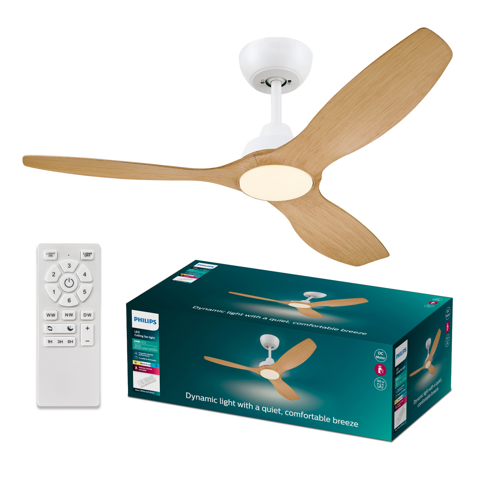 Philips LED-vifte Olas, Ø 132 cm, brun/hvit, stillegående