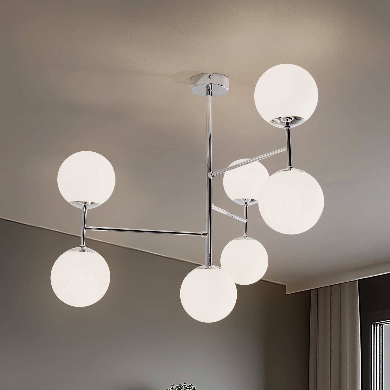 Kattovalaisin Korek, kromi/valkoinen, lasi, 75 cm, 7-lamppuinen, E14