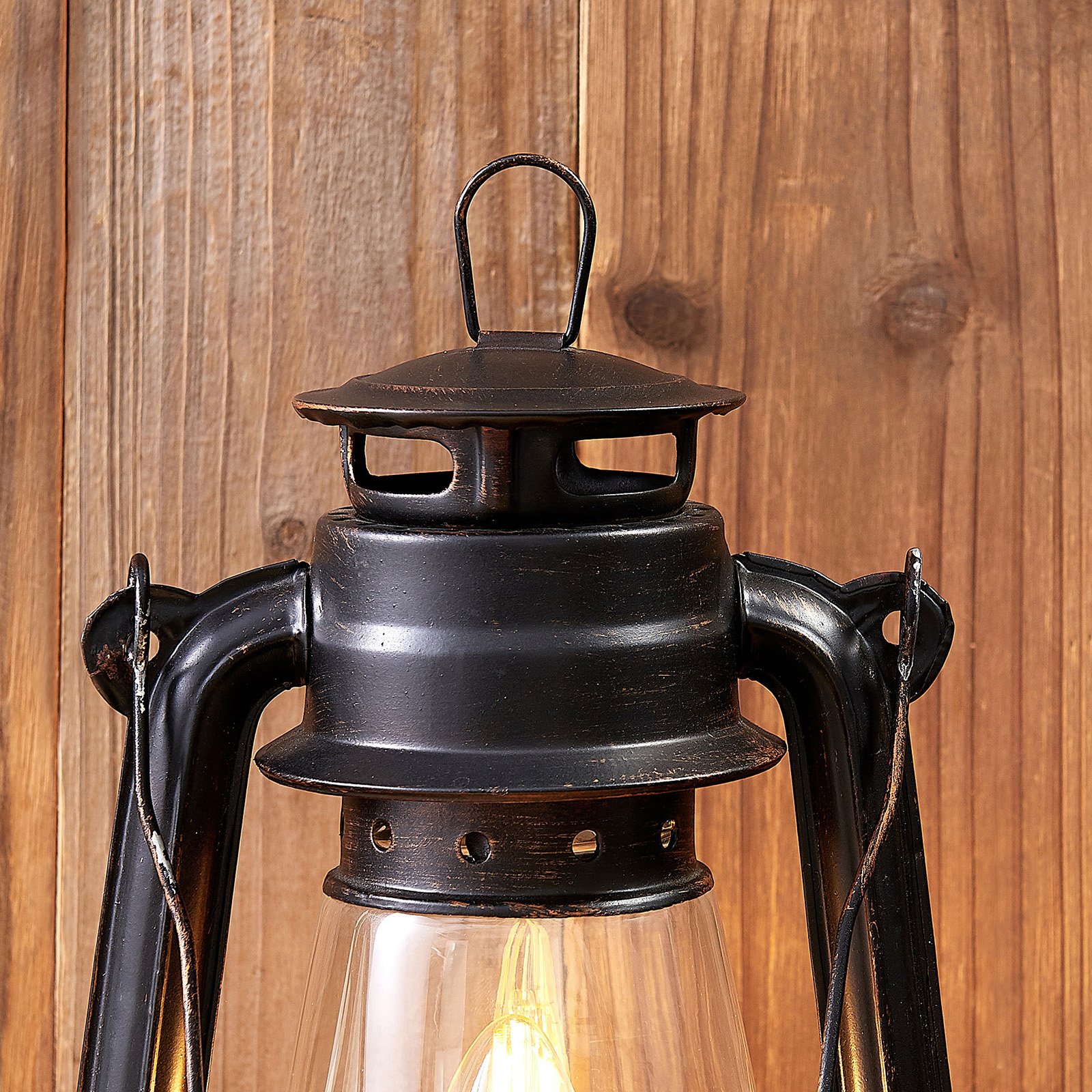 Lindby Raisa tafellamp, lantaarn, roestkleurig