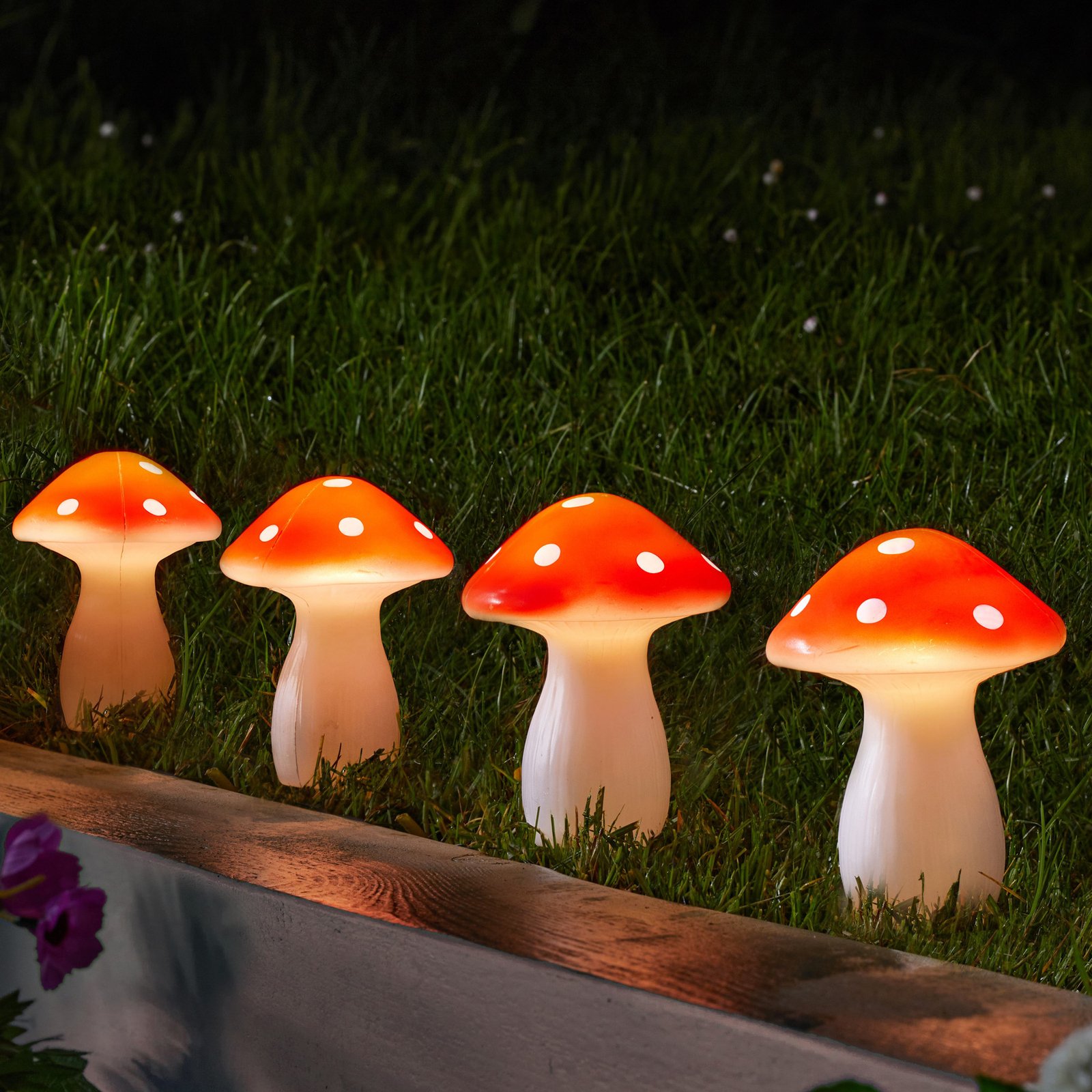 LED solar grondspies Fairy Paddenstoel, set van 4, rood/wit