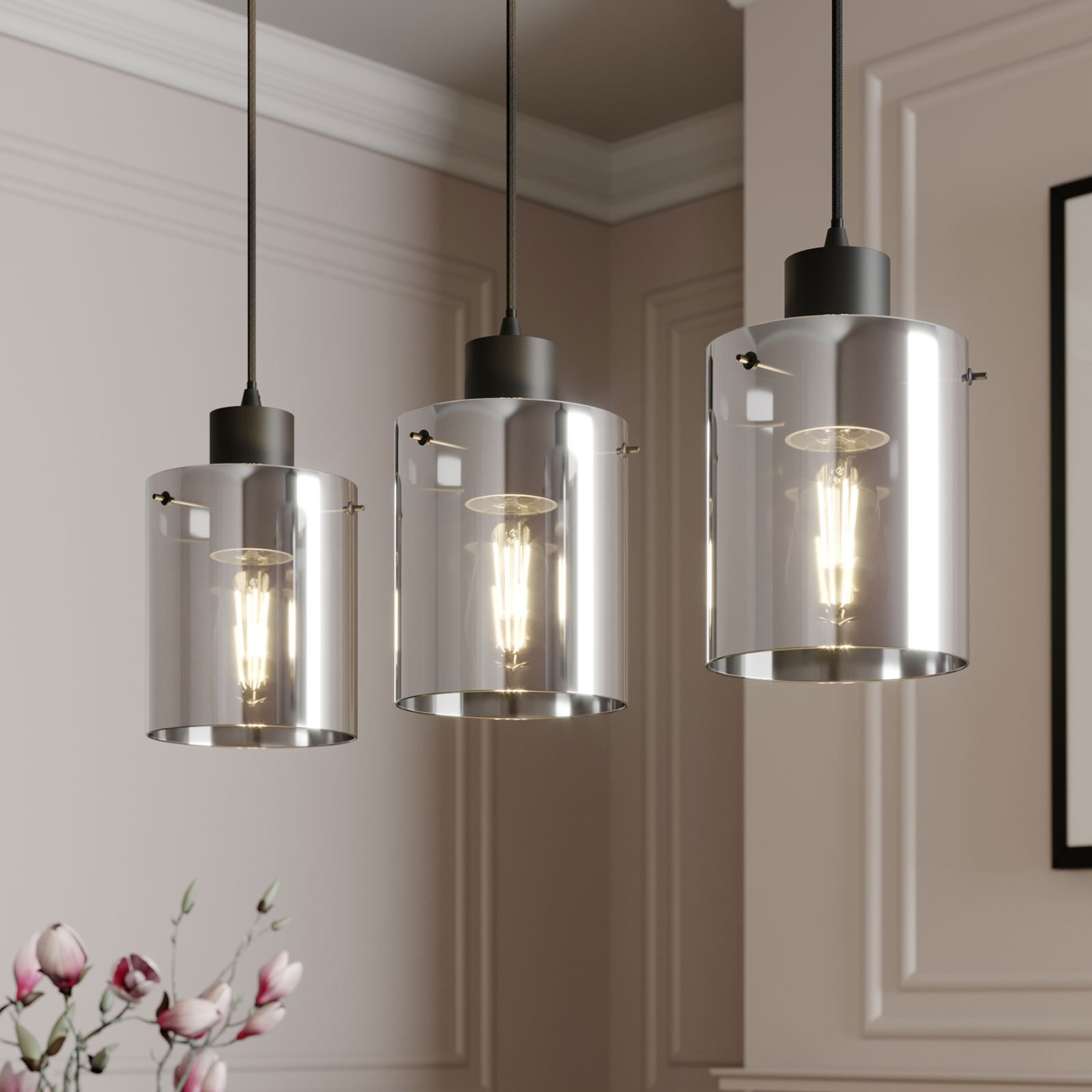 Lindby Kourtney hanglamp met glazen kap, 3-lamps
