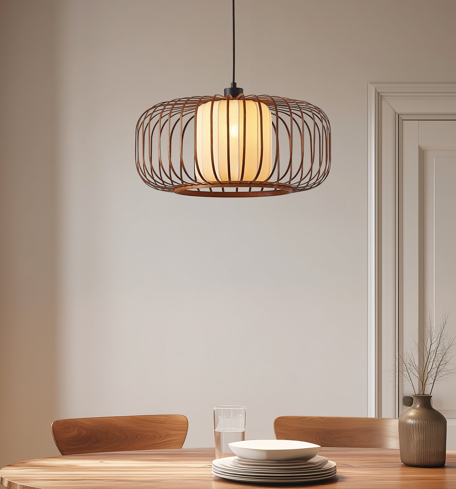 Lindby Pendelleuchte Davella, Ø 50 cm, Bambus, Textil