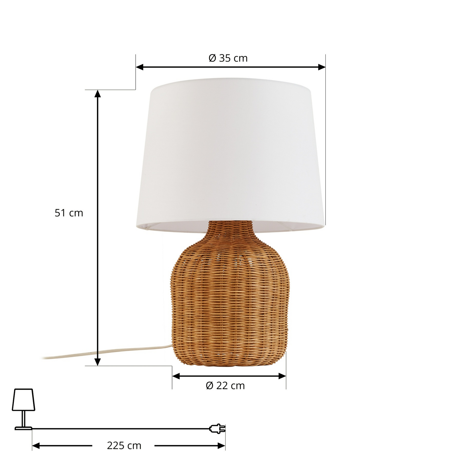 Lirenda table lamp, natural/white, rattan, height 52 cm - Lindby