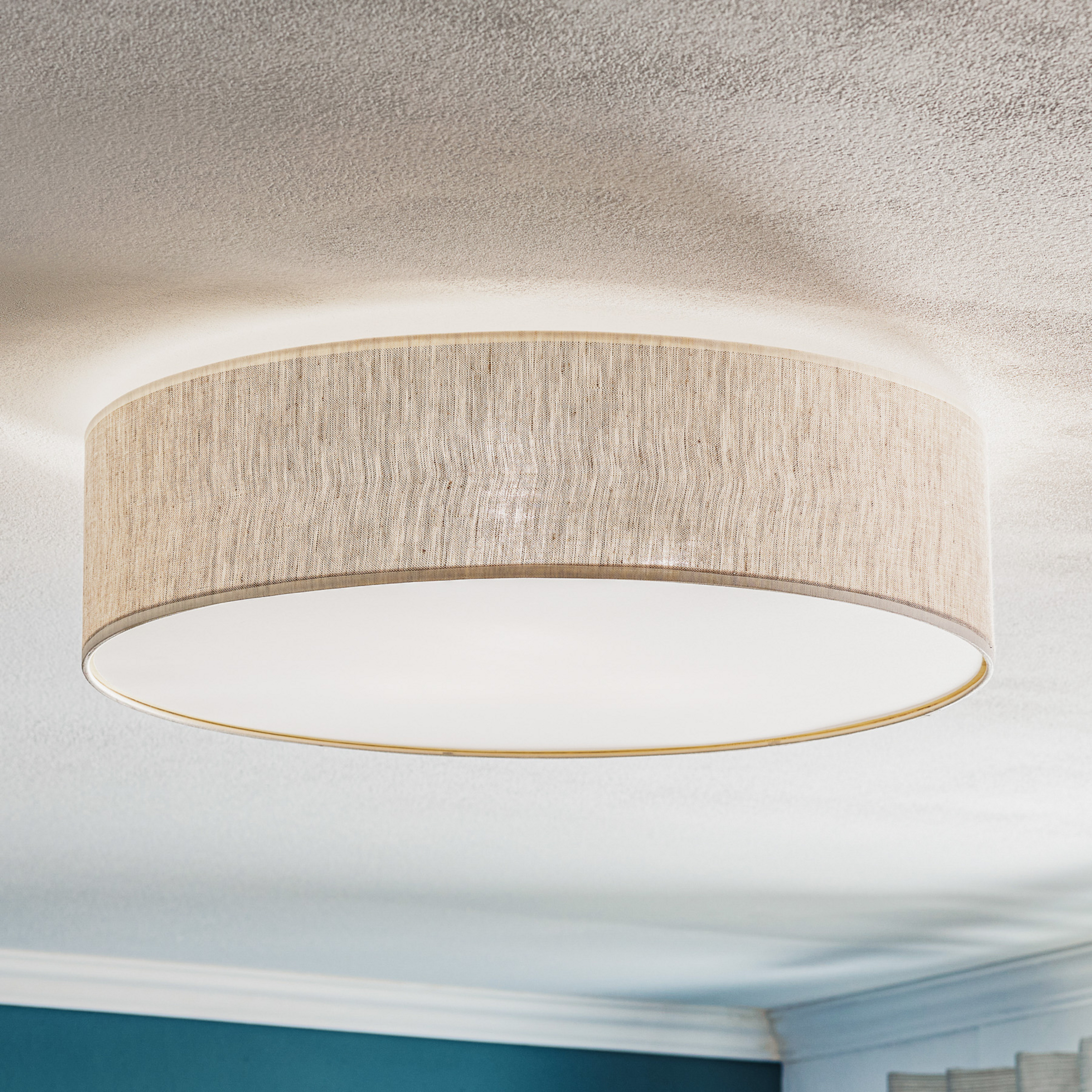 Griestu lampa Leano pelēka apaļa no lina