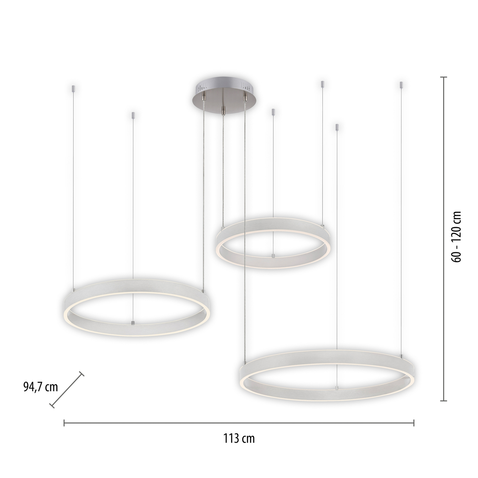 Żyrandol LED Lilluti, srebrna, żelazo, aluminium, 3 pierścienie Żyrandol LED Lilluti, srebrna, żelazo, aluminium, 3 pierścienie