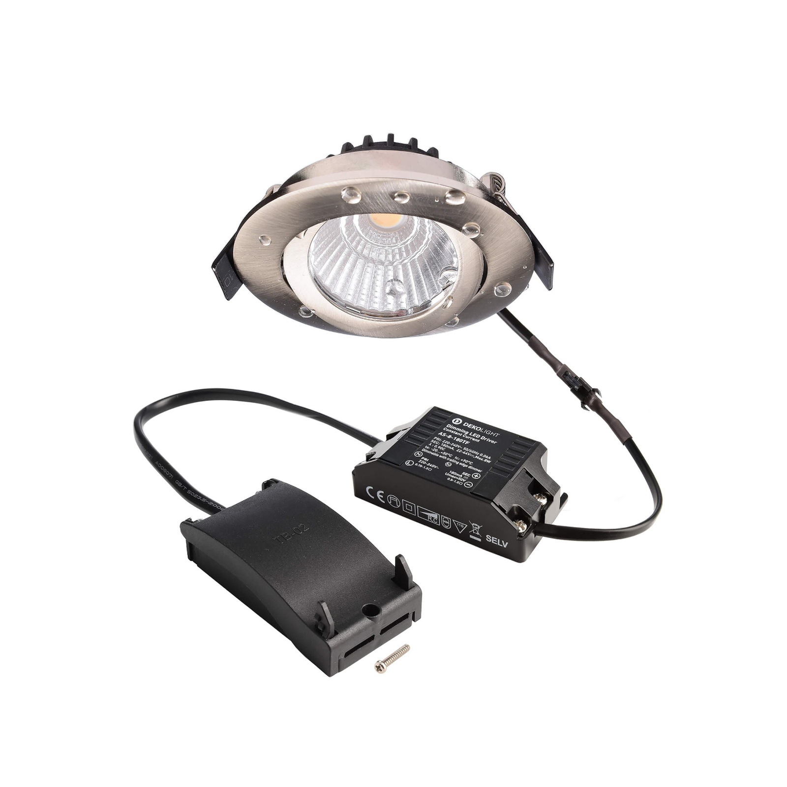 Innfelt taklampe Dione, IP44, 3000 K, nikkel, dimbar