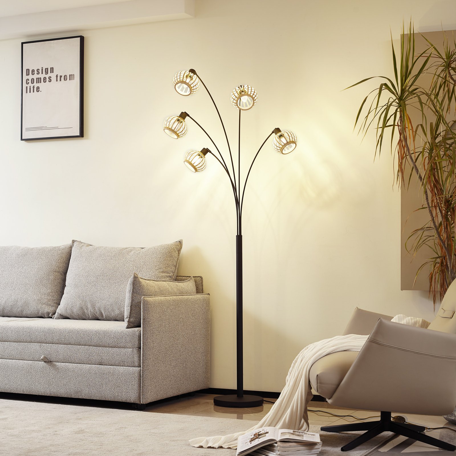 Lindby floor lamp Lielle, natural bamboo, 5-bulb, 190 cm