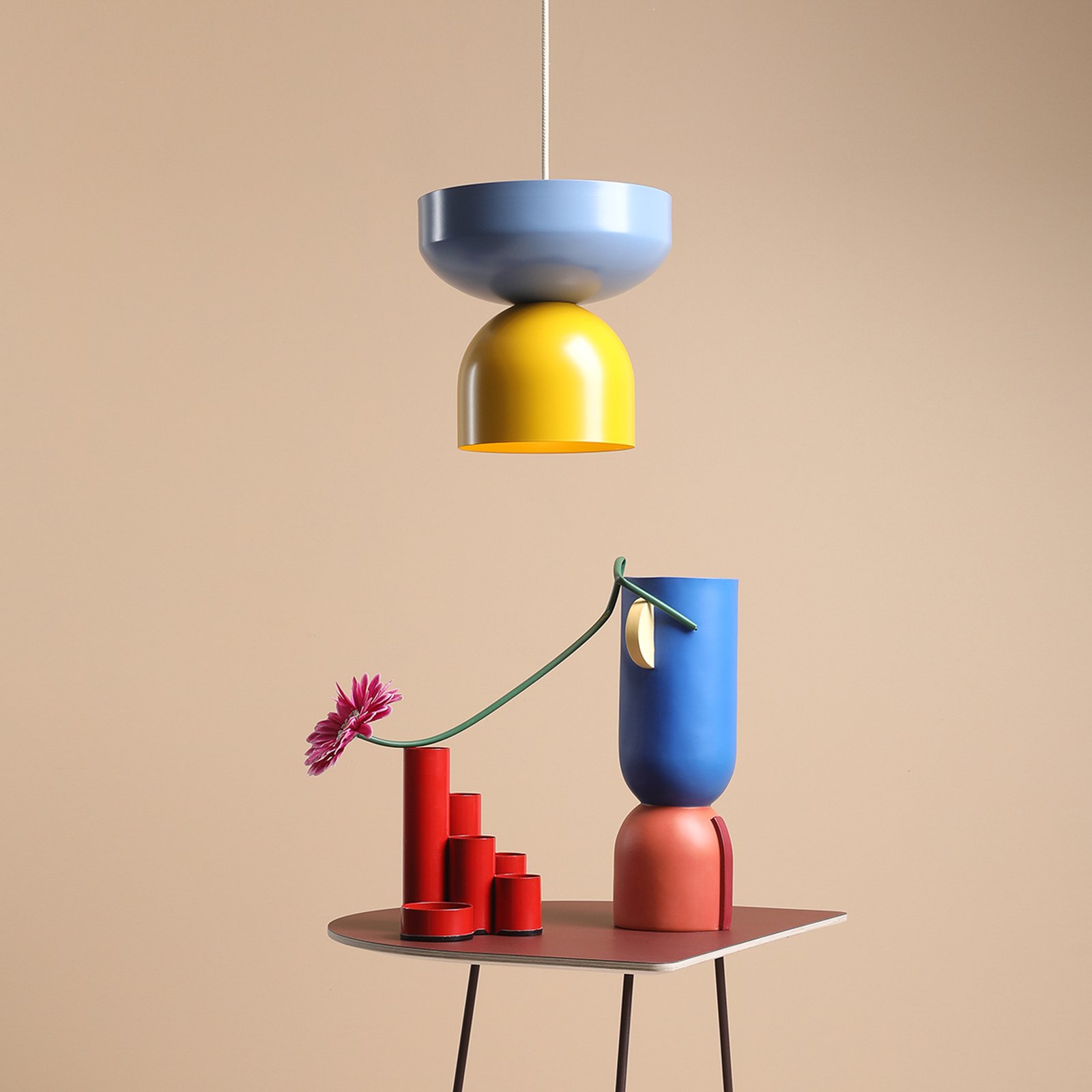 Api pendant light, yellow/blue, metal shade