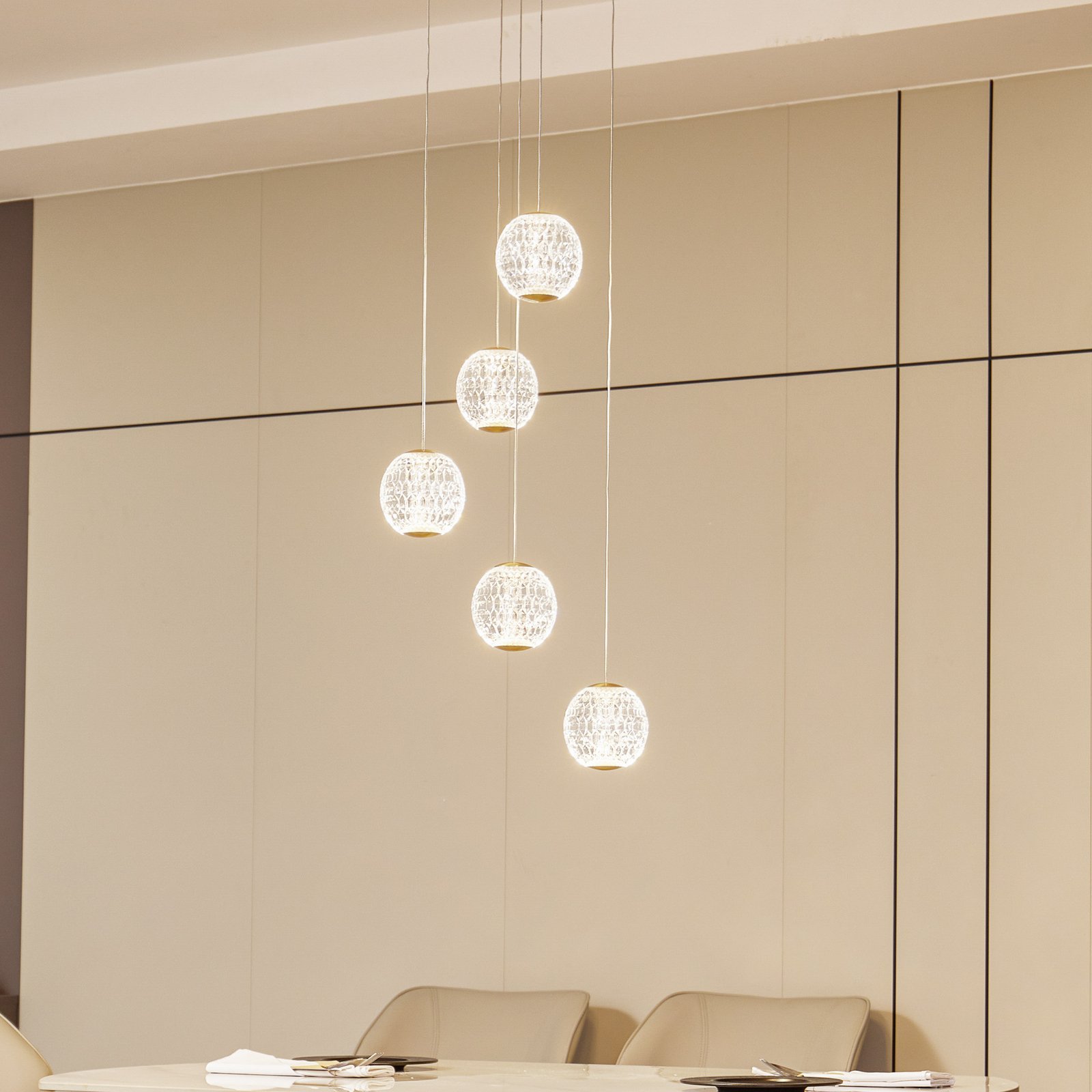 Lucande LED pendant light Ismenia, 5-bulb, brass, acrylic