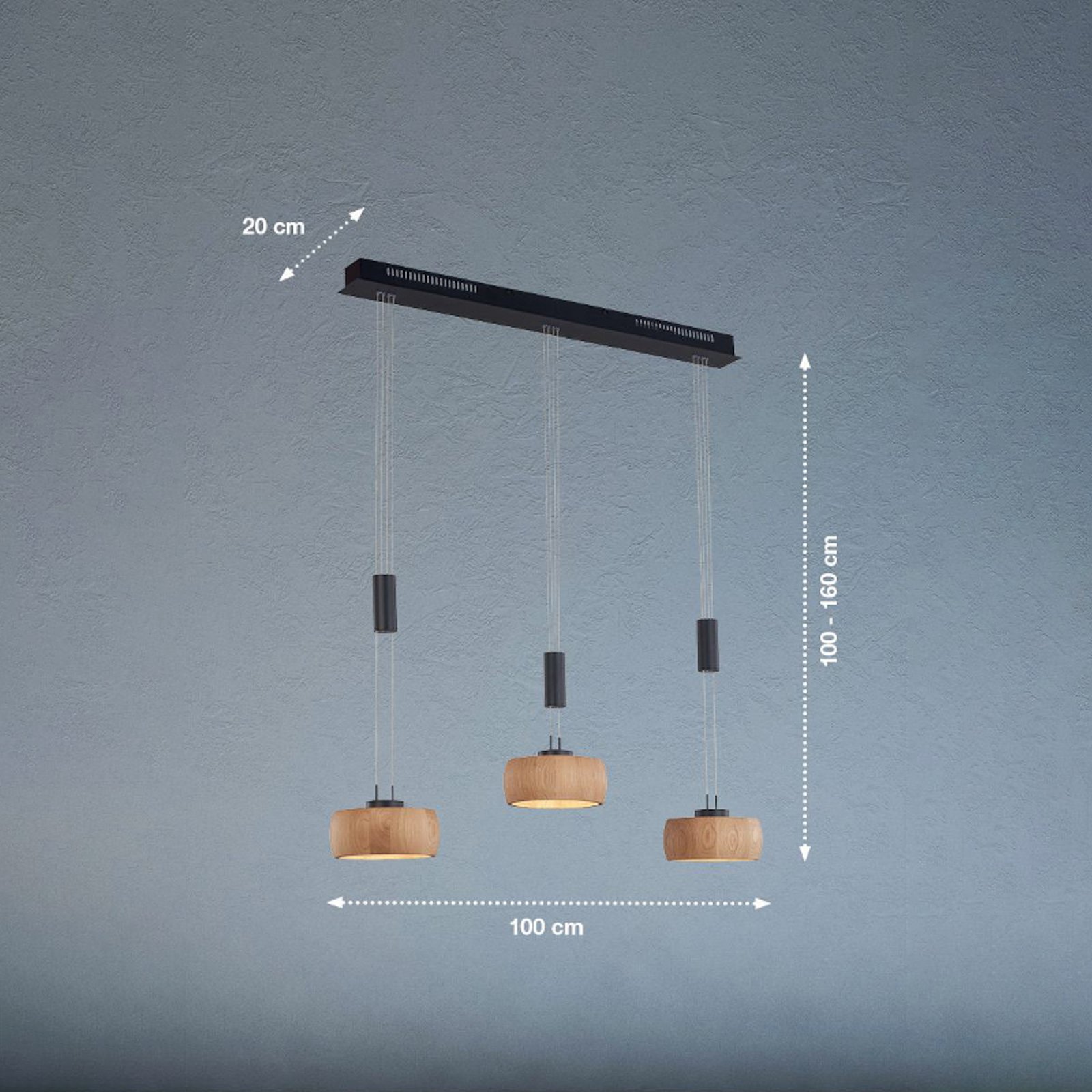 LED hanglamp Shine-Wood, eiken/zwart Lengte 100 cm 3-lamps.