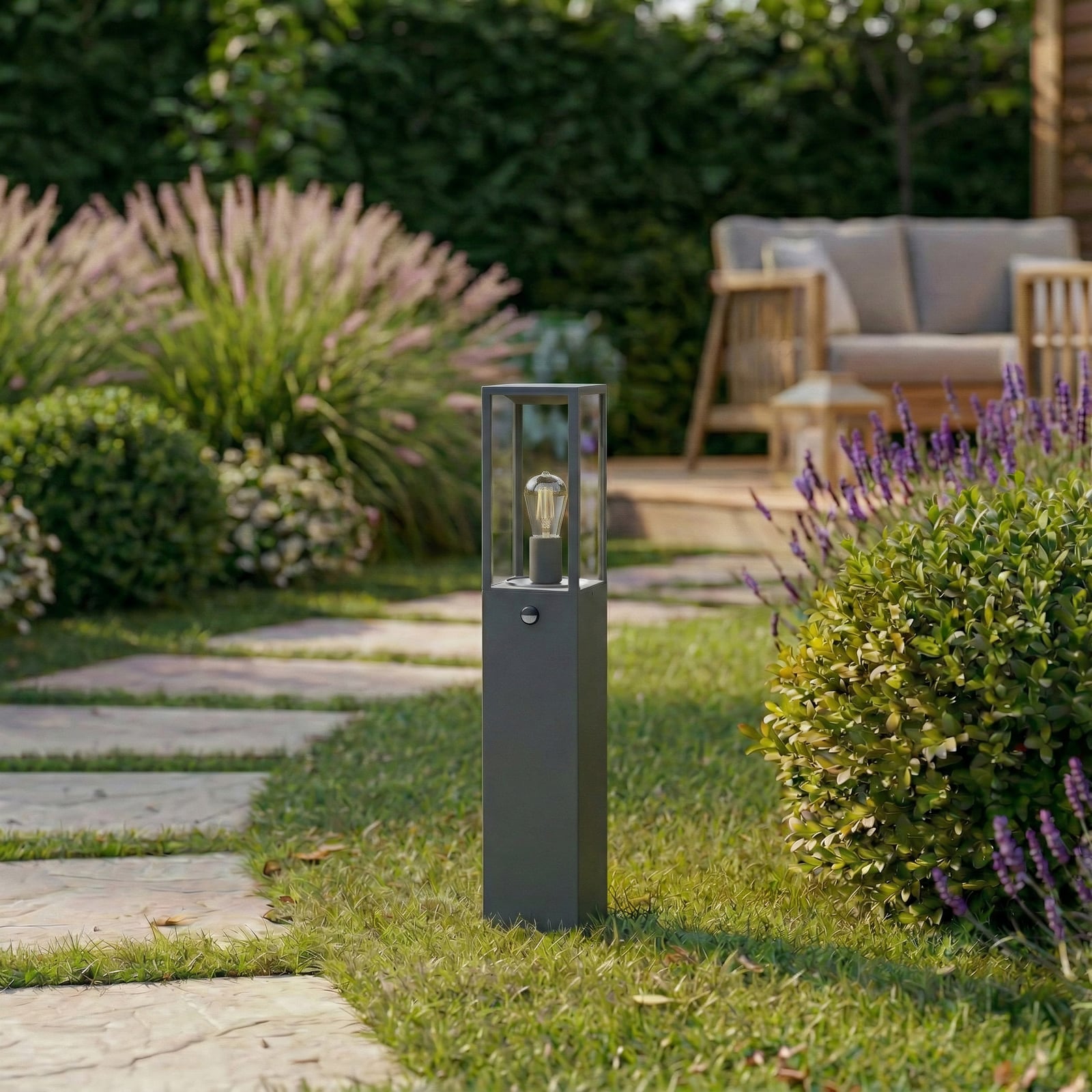 Bornes lumineuses Peldar, 80 cm, anthracite/transparent, capteur - Lindby