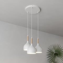 Lámpara colgante Noak 3 luces redonda blanco/madera natural