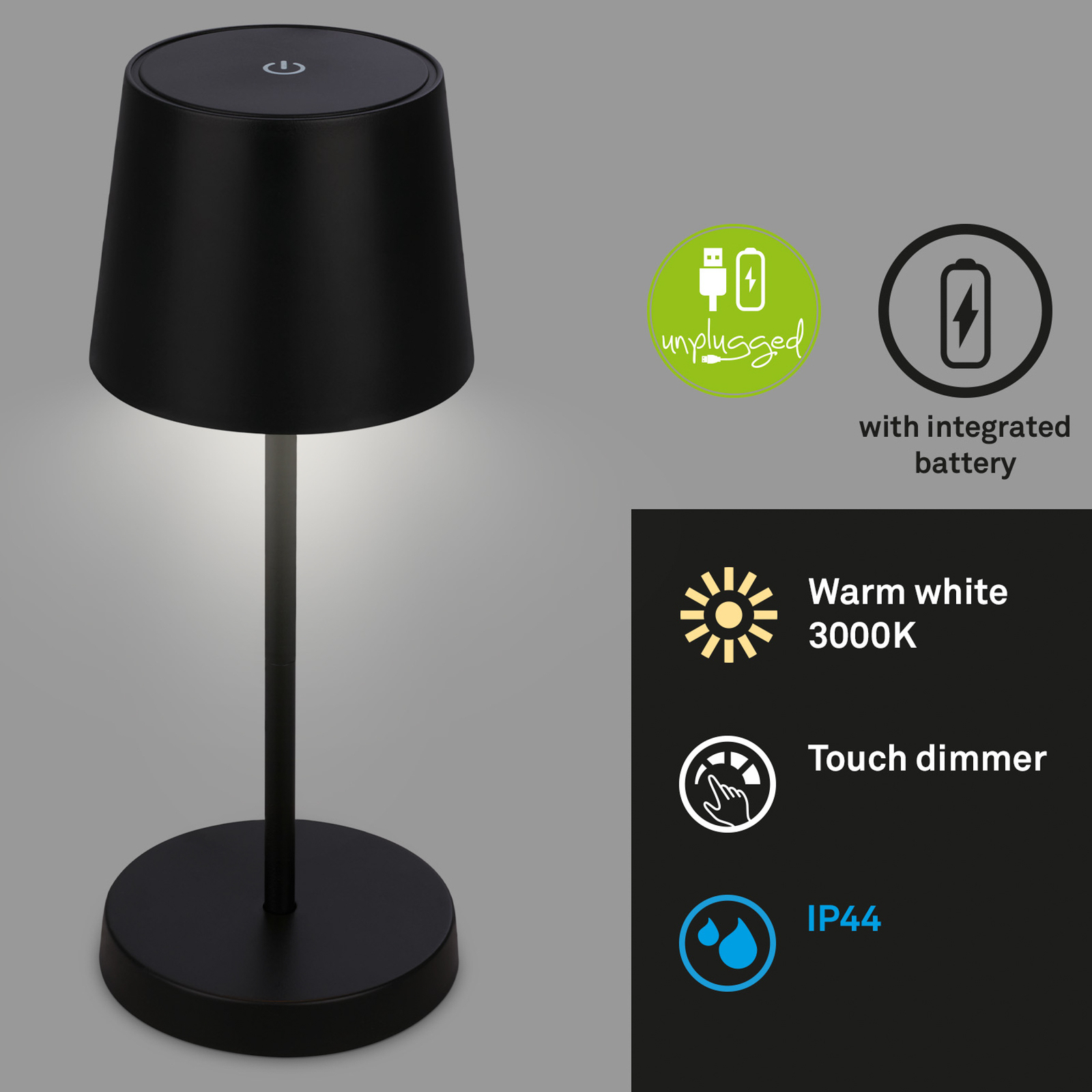 "Piha" LED stalinė lempa su įkraunama baterija, juoda