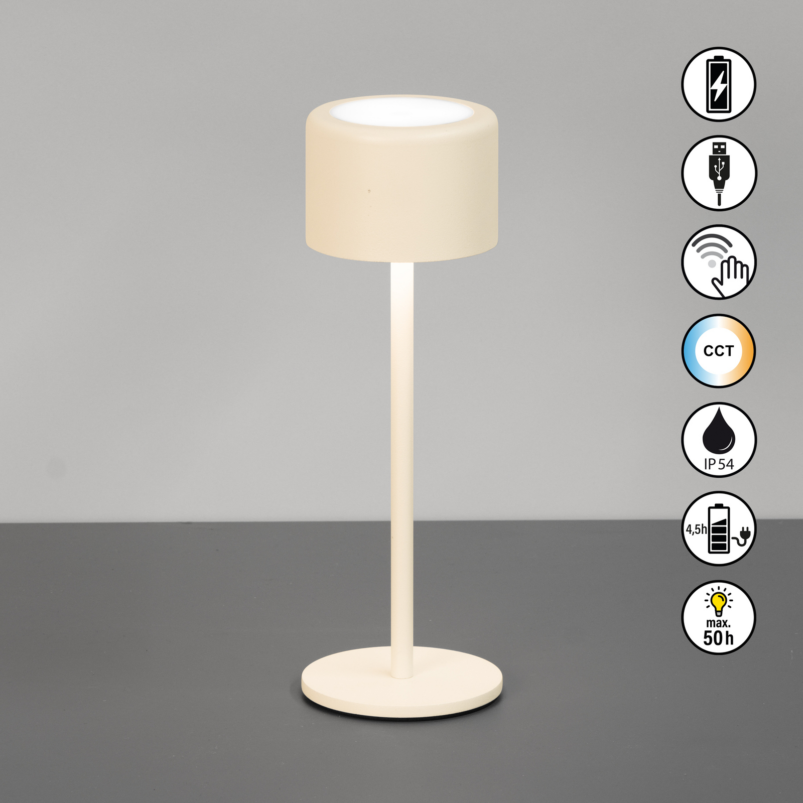 LED-Akku-Tischlampe Juna, sandbeige Höhe 25 cm Metall, IP54