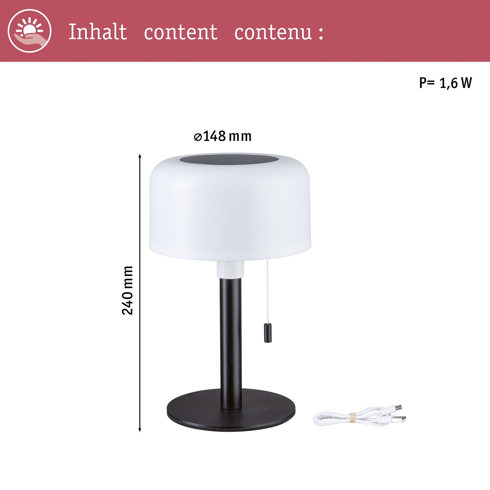 Lampa de masă solară cu LED Paulmann Bartja, negru, IP44 dimabil